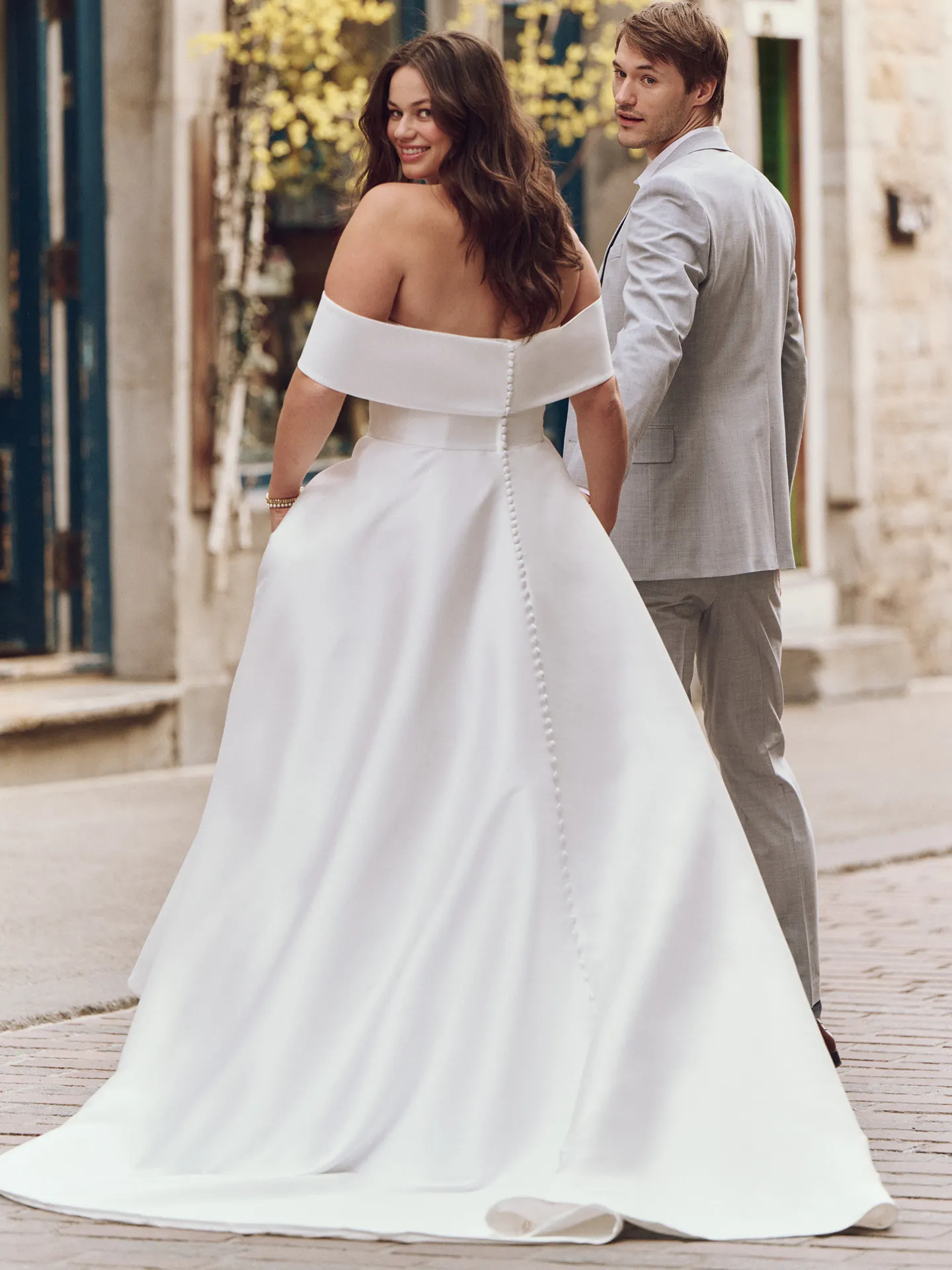 Maggie Sottero Perri back view off-shoulder A-line wedding dress