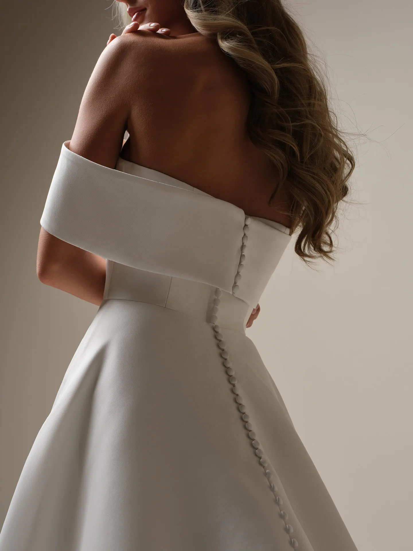 Perri Mikado A-line back view with banded cuff and buttons| Maggie Sottero