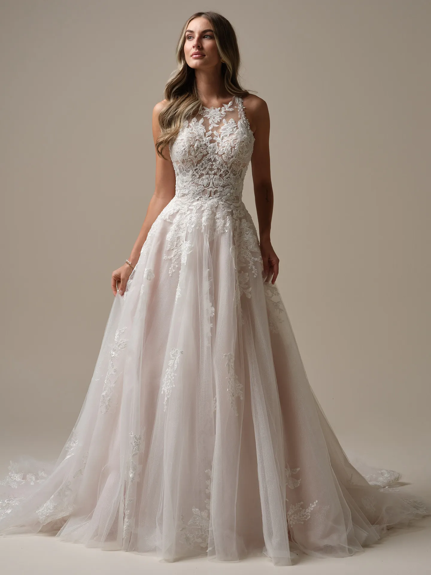 Maggie Sottero Rickie front view bridal gown with lace halter neck and A-line silhouette