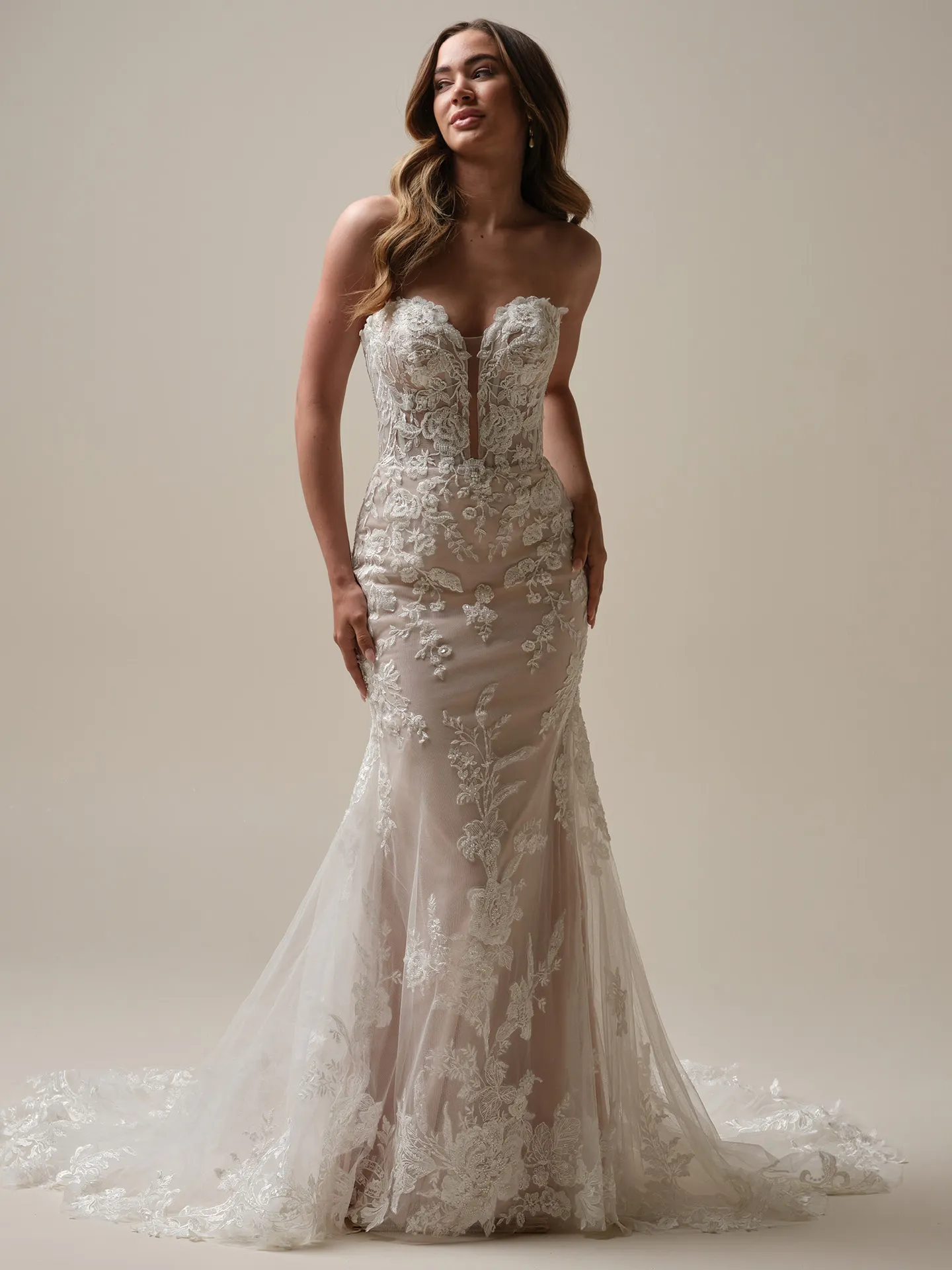 Maggie Sottero Tegan front view beaded lace illusion mermaid bridal dress