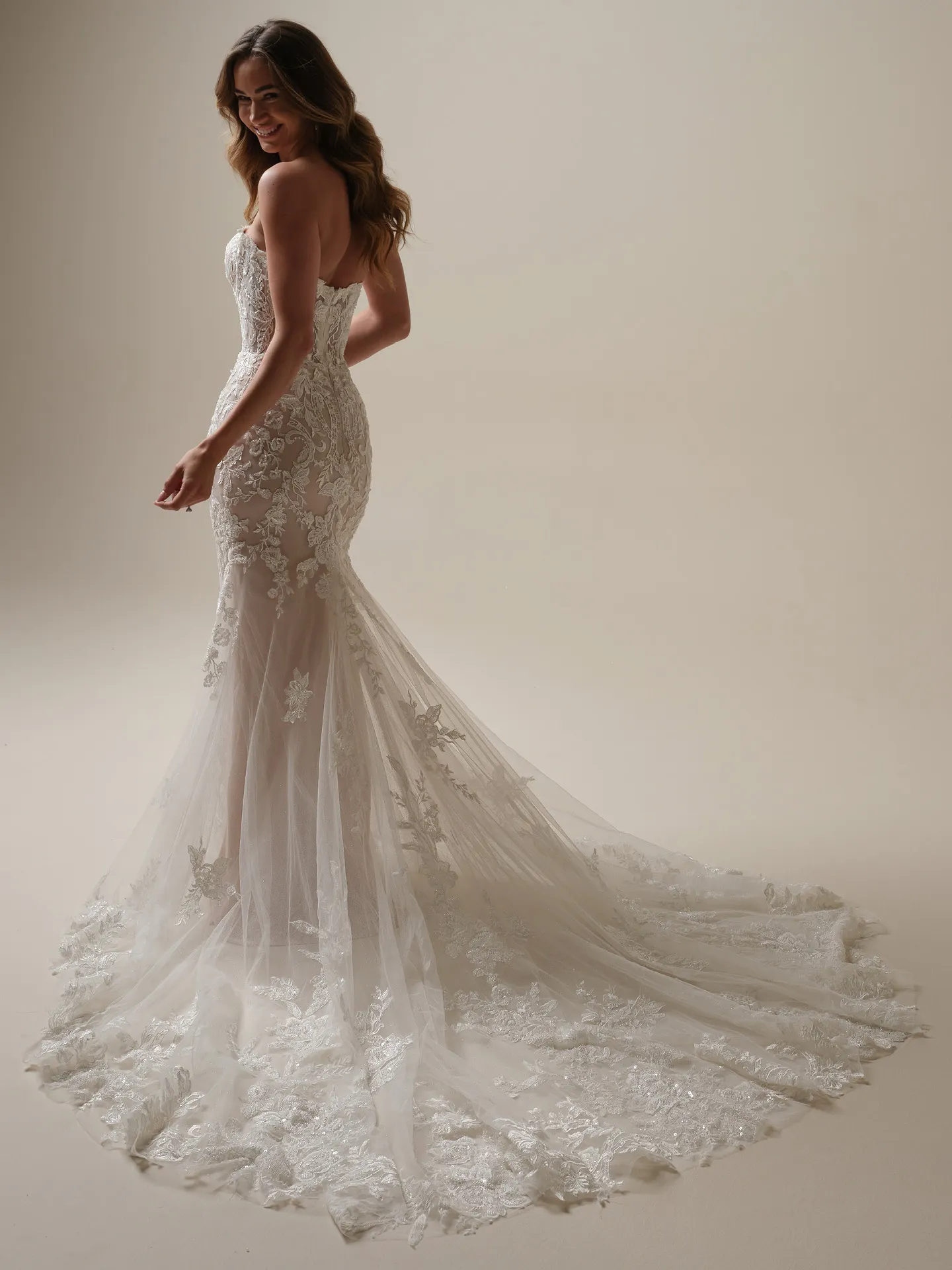 Maggie Sottero Tegan back view, beaded lace mermaid bridal dress