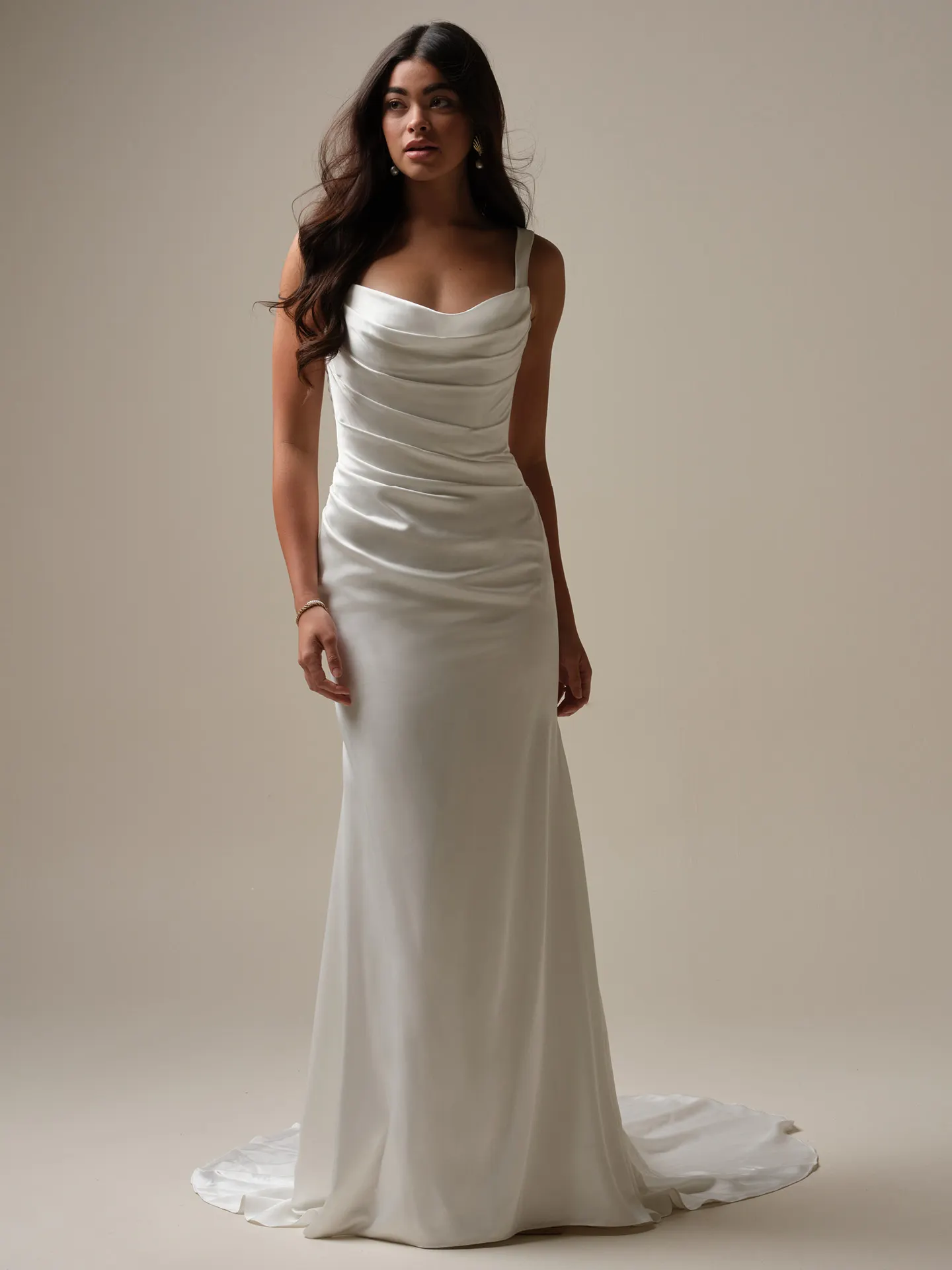 Maggie Sottero Tommie front view satin sheath gown