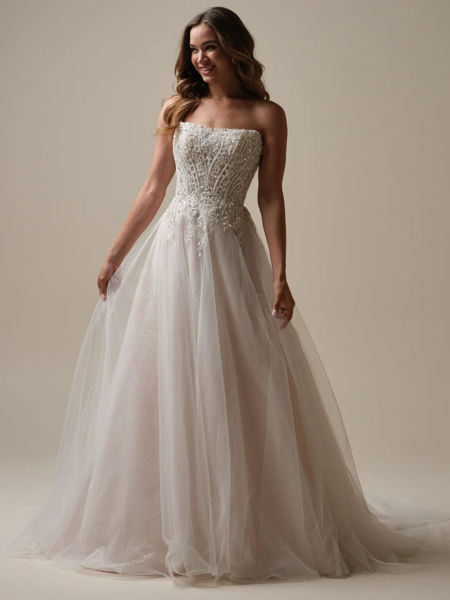 Yvette sheer organza shimmering gown front view Maggie Sottero