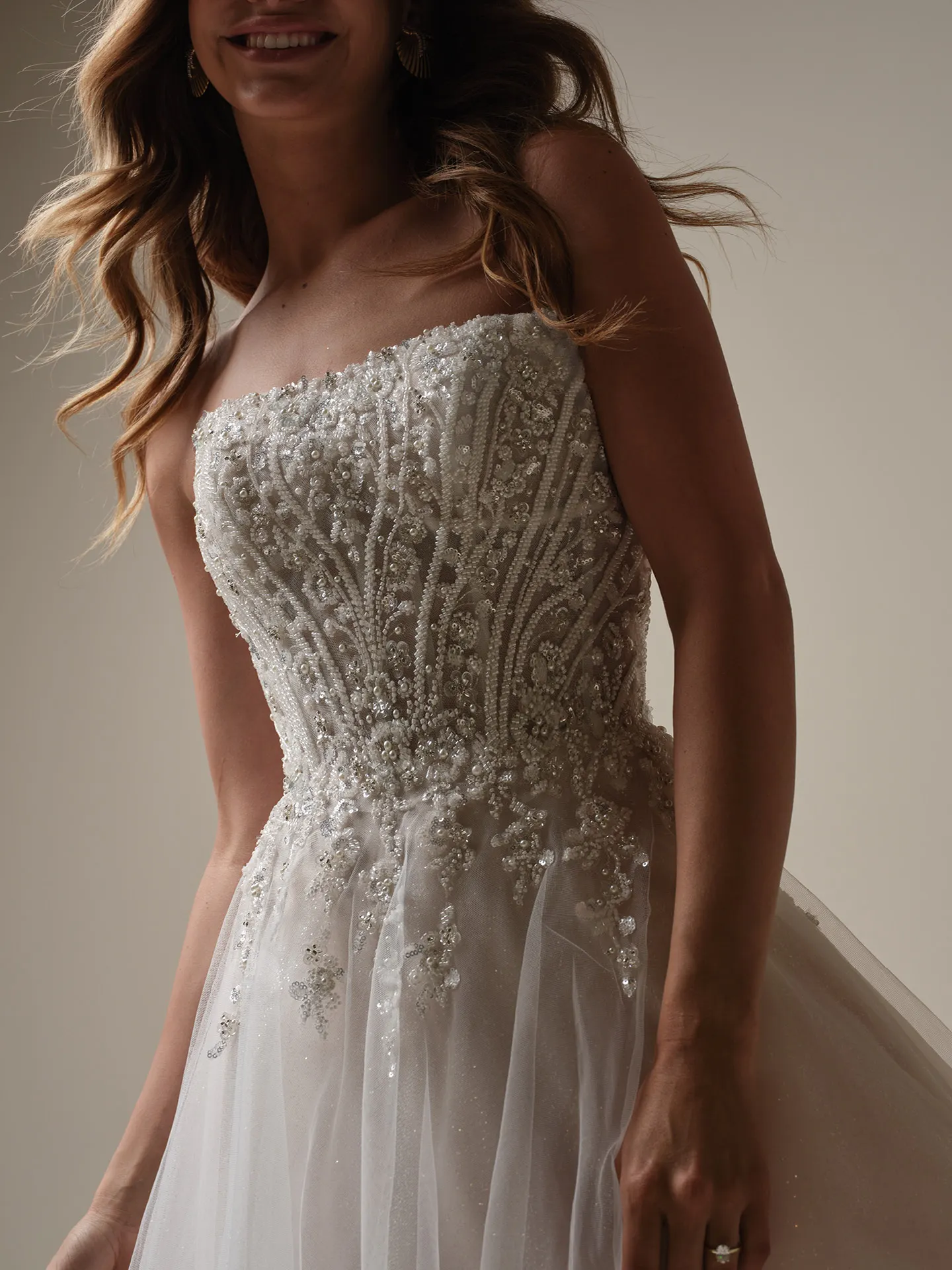 Maggie Sottero Yvette front view shimmer beaded bodice organza wedding gown