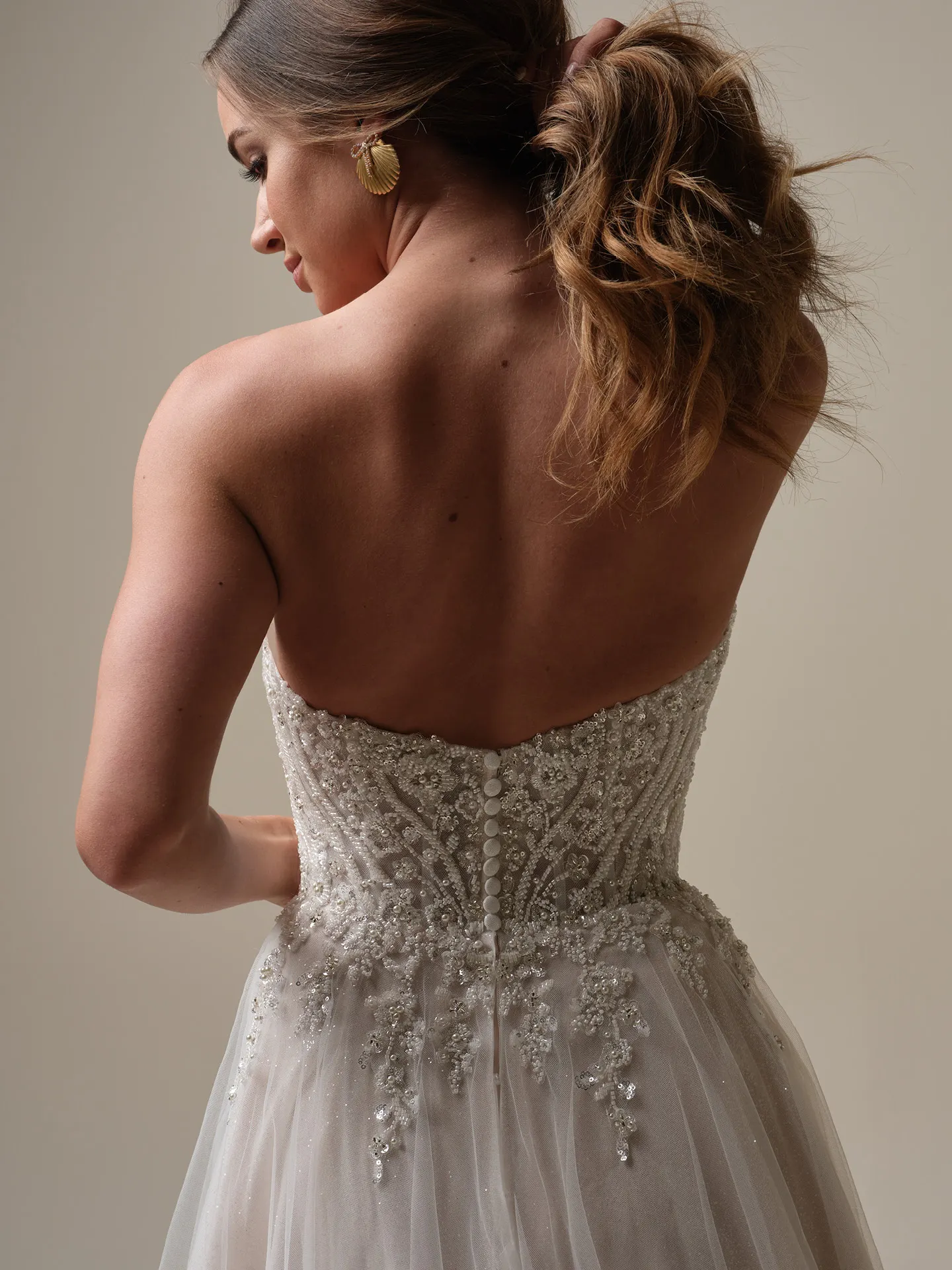 Yvette sheer organza shimmering gown back view Maggie Sottero