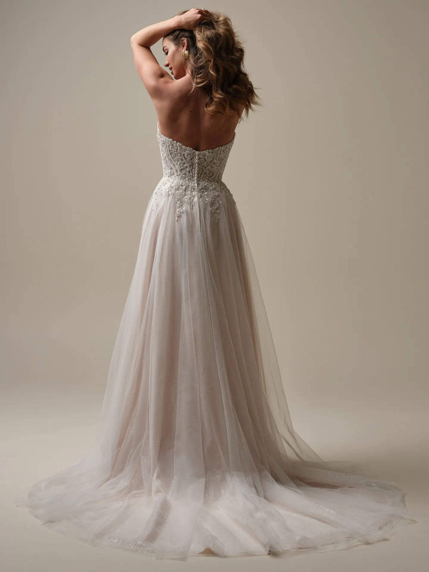 Maggie Sottero Yvette back view shimmering sheer organza gown