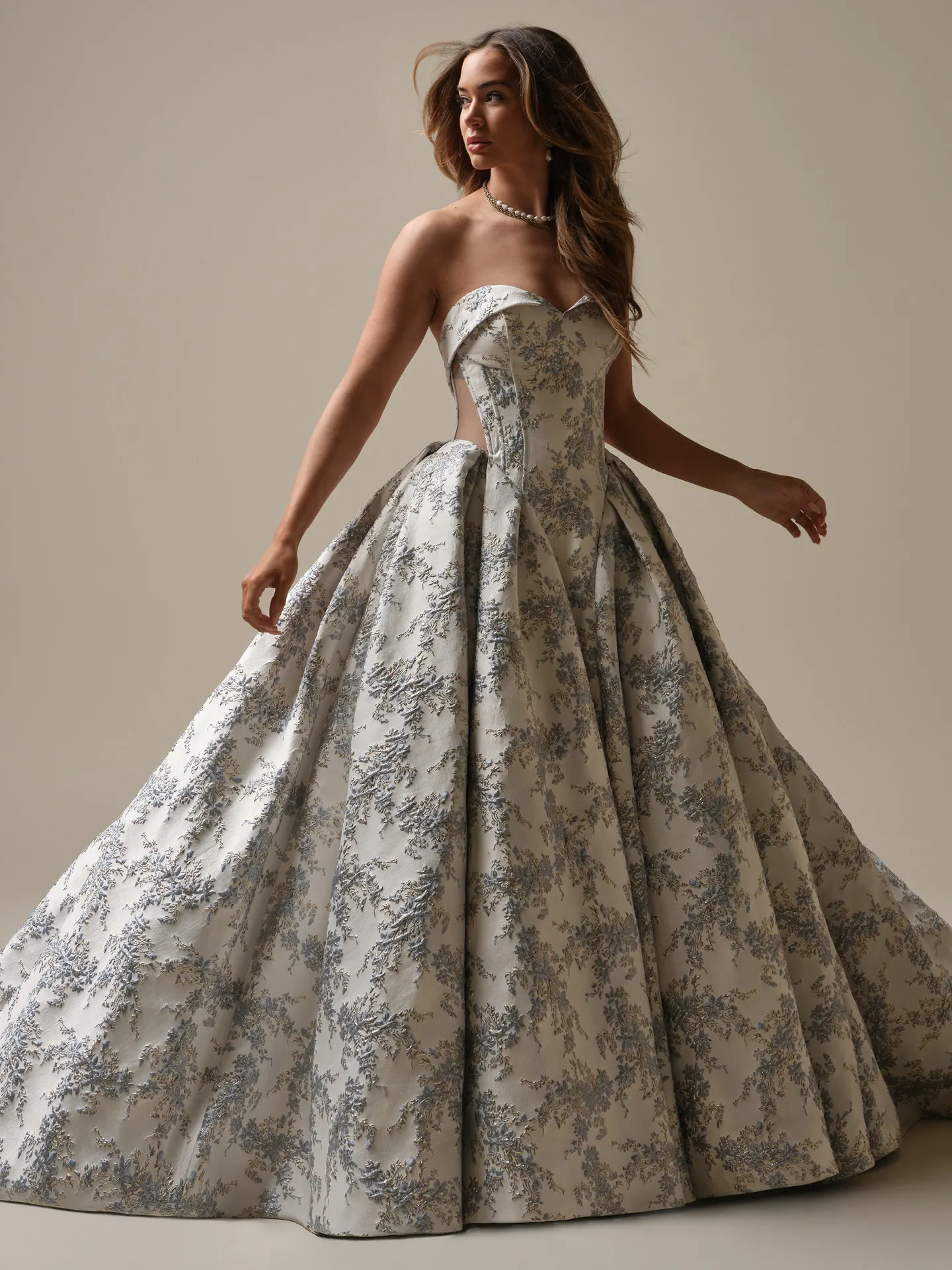 brown and blue wedding dresses Aberdeen Floral Jacquard Ball Gown Dress | Sottero Midgley Skirt Size:D Size (3X-6X) Corset Back Design MEdaywear black prom dress puffy