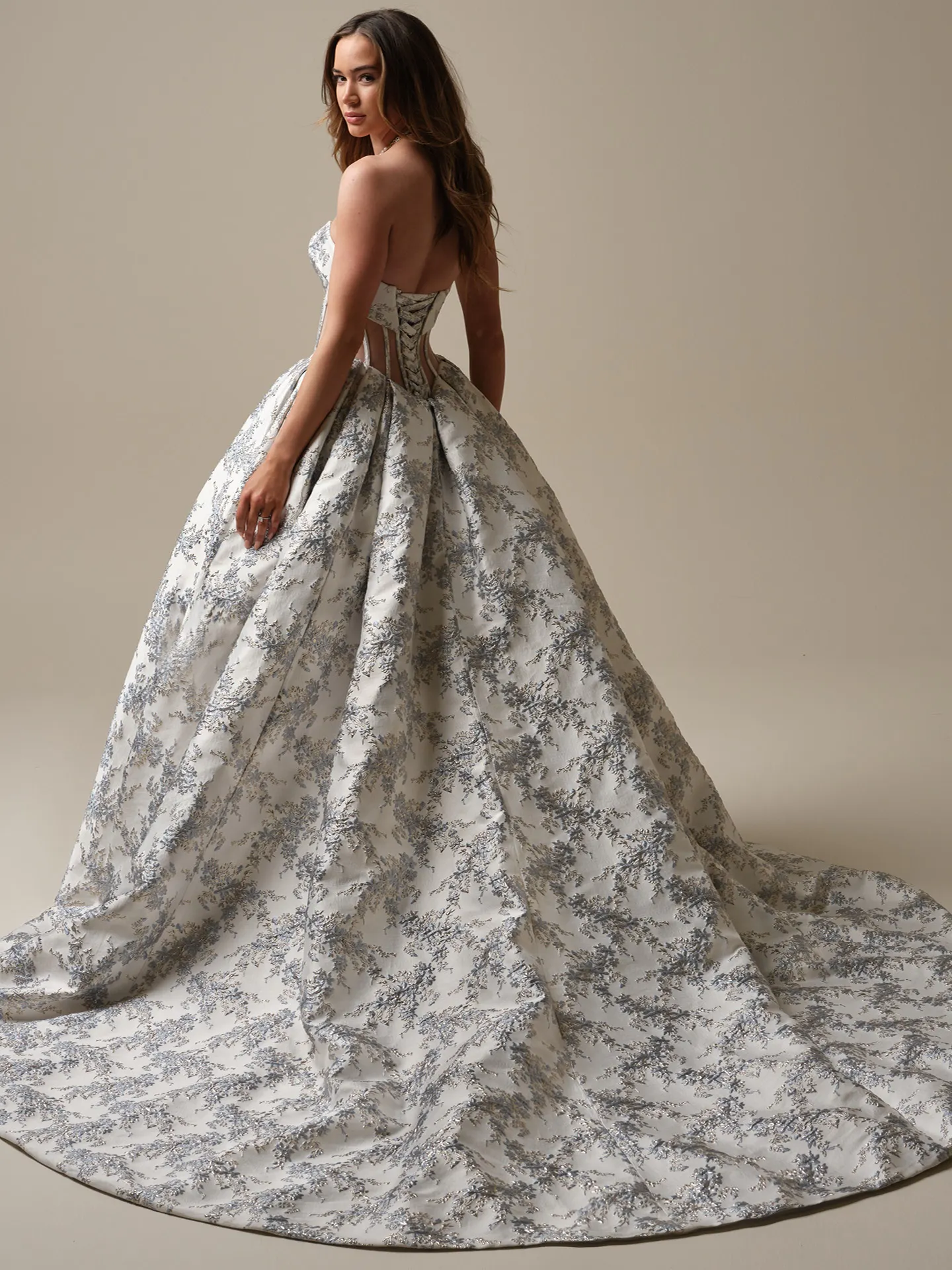 Sottero and Midgley Aberdeen back view blue floral jacquard ball gown wedding dress