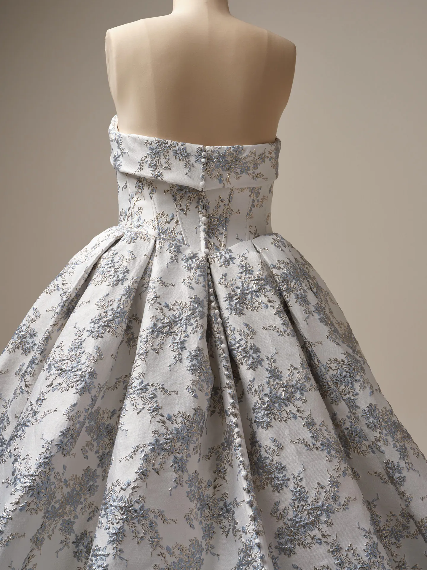 Sottero and Midgley Aberdeen back view blue floral jacquard ball gown wedding dress