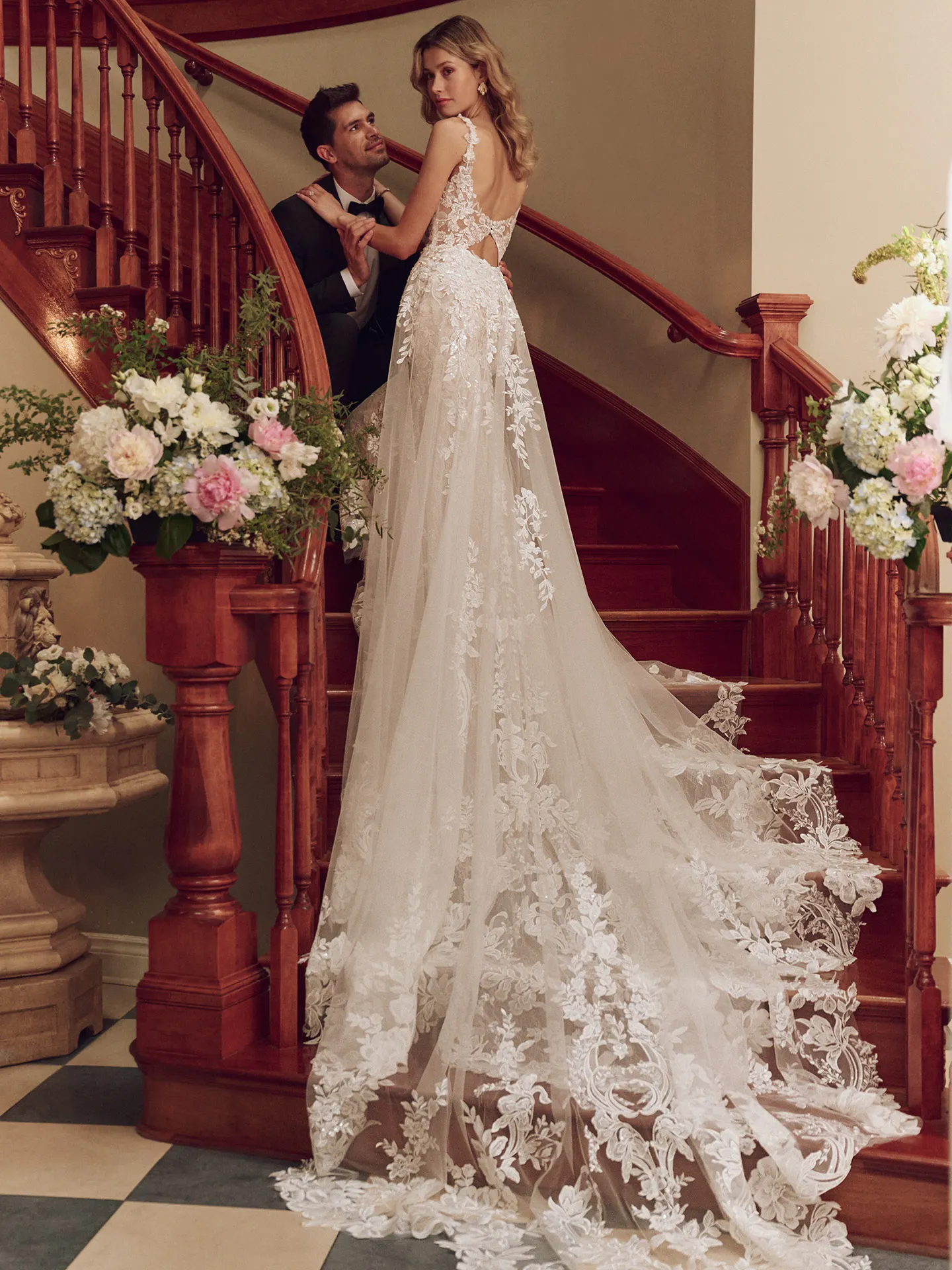Sottero and Midgley Adrian back view lace mermaid gown on stairs
