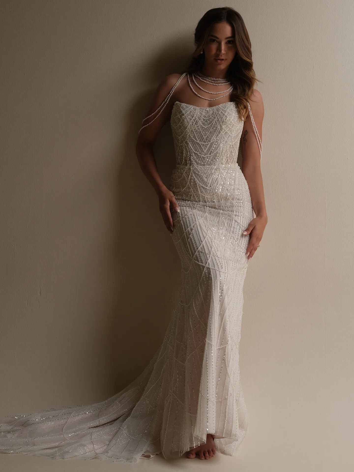 Maggie Sottero Constance front view with draped pearl capelet