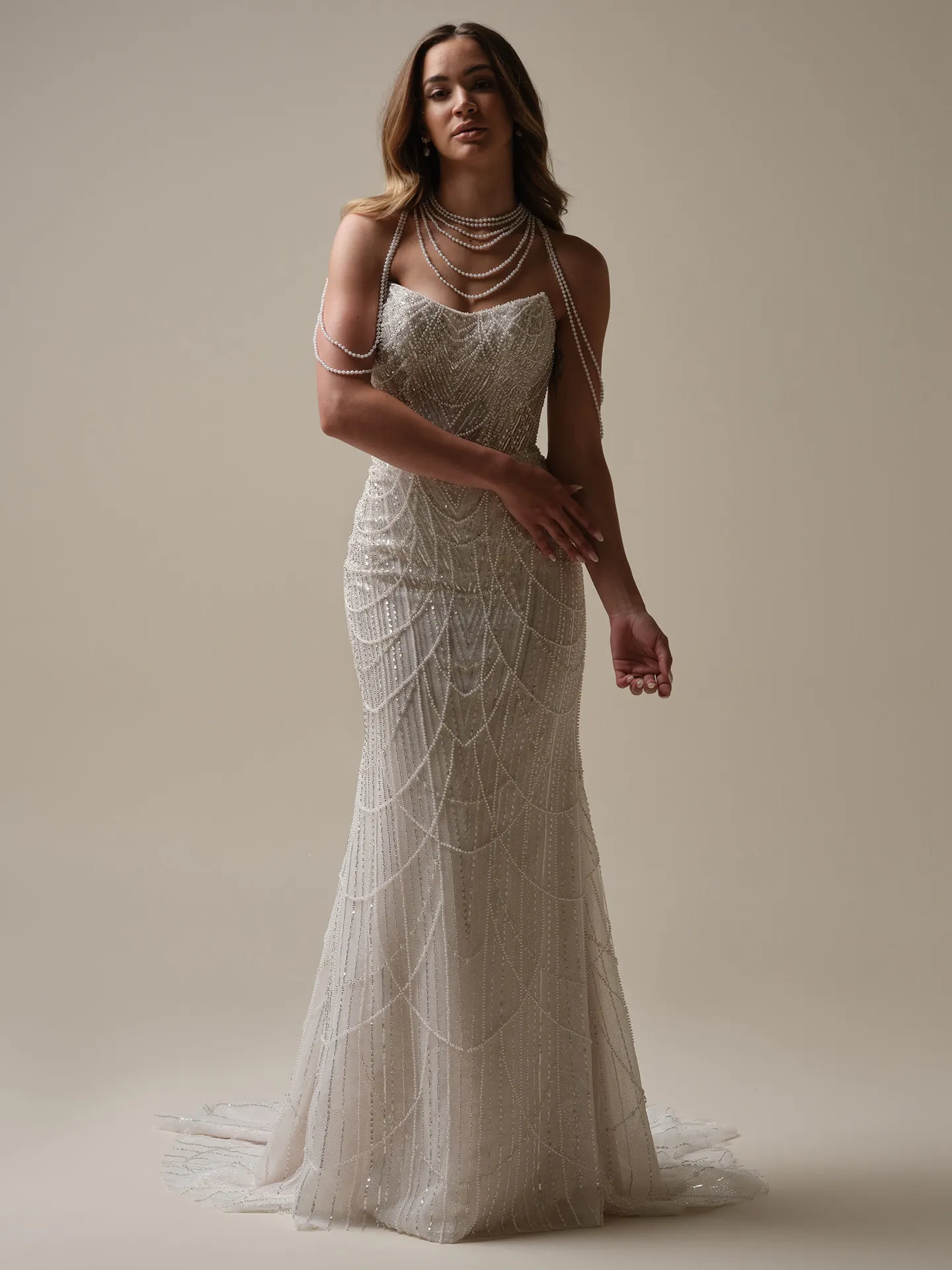 Maggie Sottero Constance front view bridal gown with draped pearls