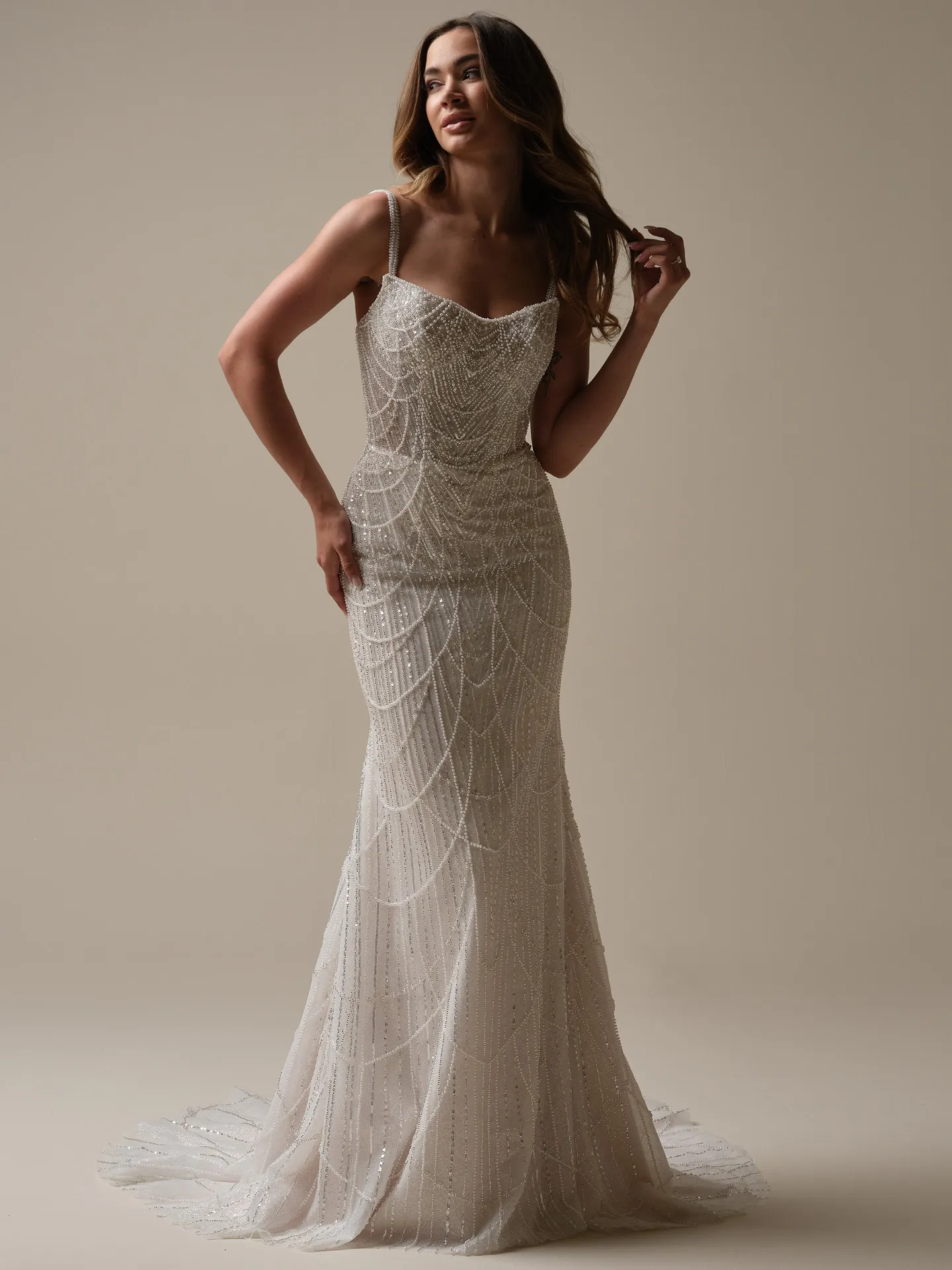 Sottero and Midgley Constance front view, beaded detail, fitted dress.