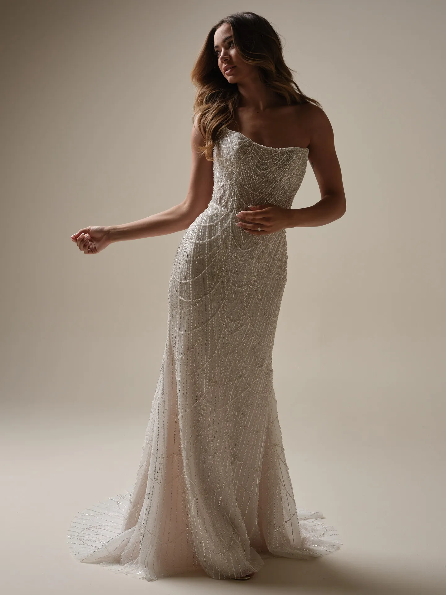 Maggie Sottero Constance front view with draped pearls sheath bridal gown