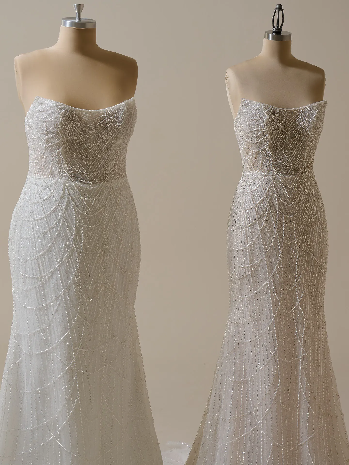 Maggie Sottero Constance front and side view on mannequin with draped pearl detail
