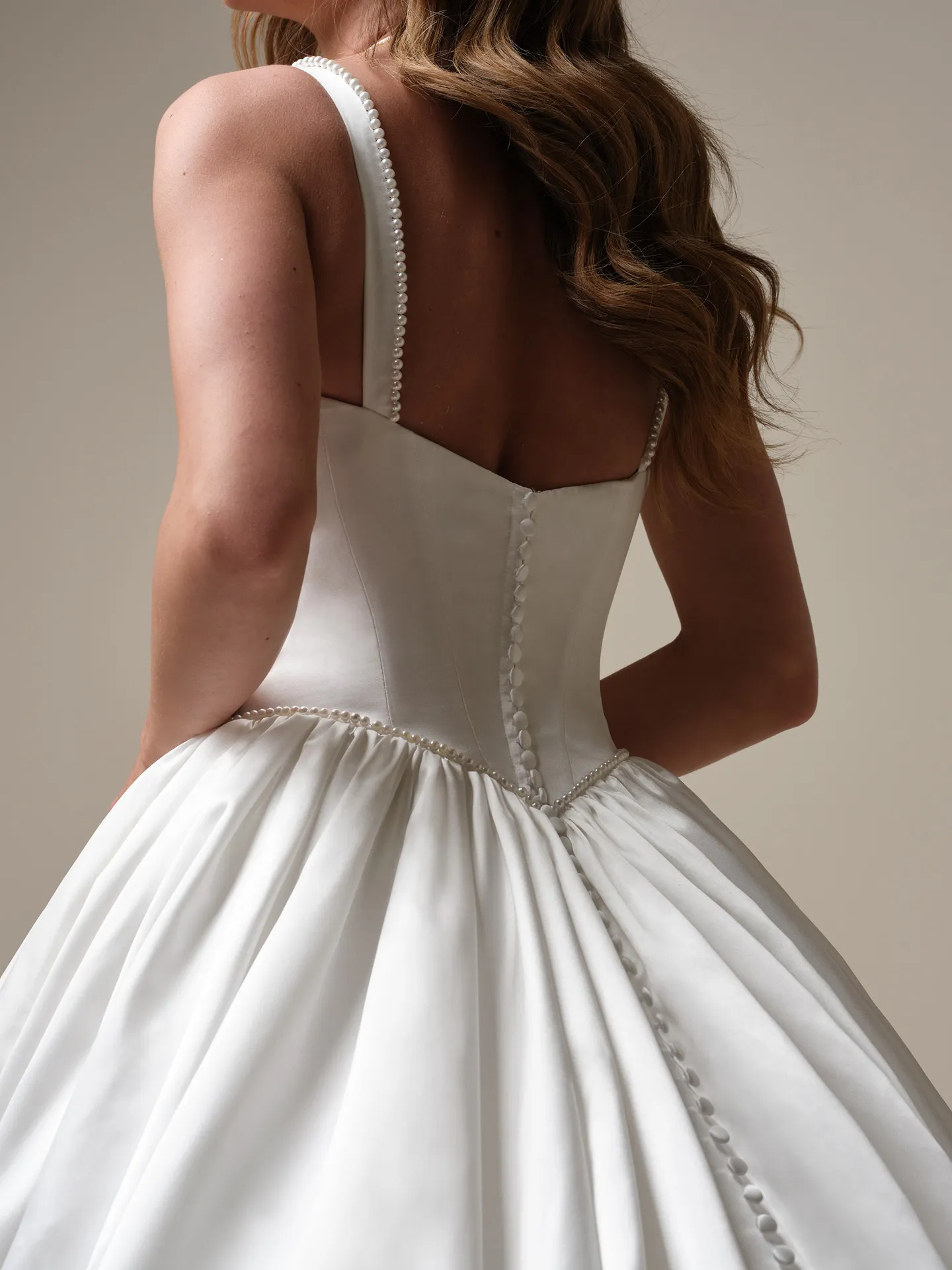 Sottero and Midgley Diaz back view satin ball gown with basque waist and button detail