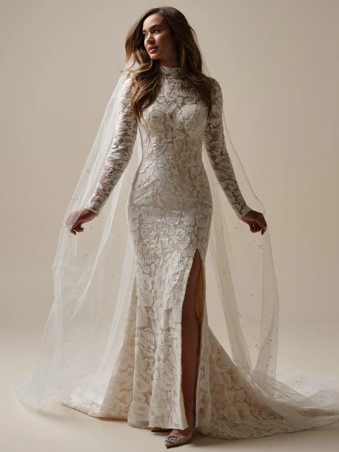 Sottero and Midgley Holland front view lace sheath bridal gown with slit