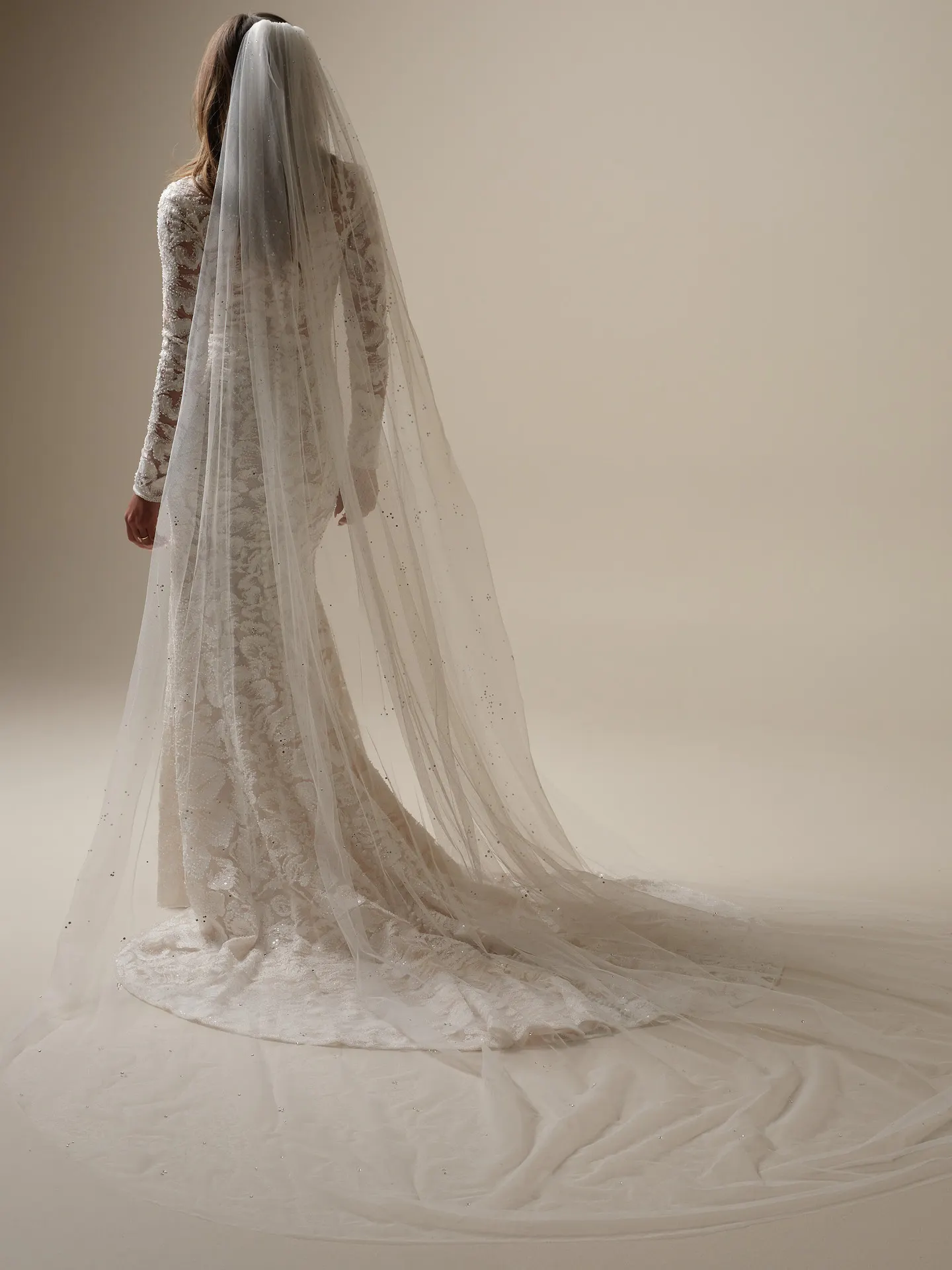 Sottero and Midgley Holland back view, lace sheath gown with long veil.