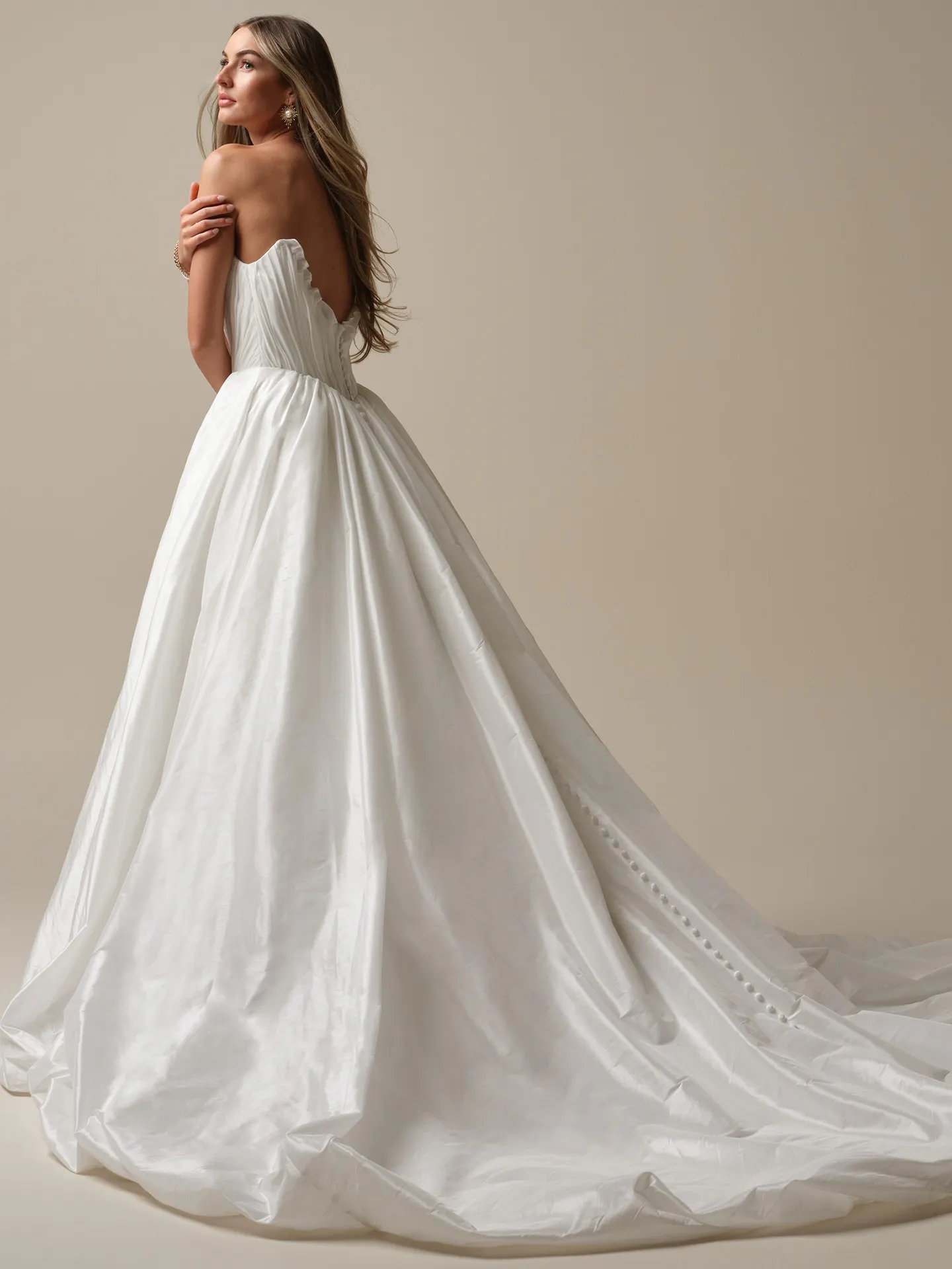 Lafayette ruched taffeta ruffle bridal dress back view Maggie Sottero