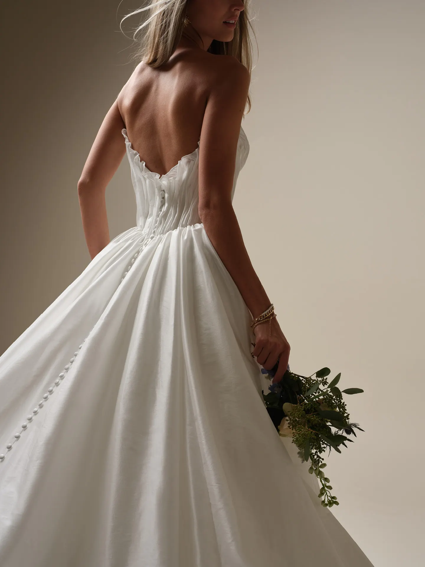 Lafayette ruched taffeta ruffle dress back view Maggie Sottero