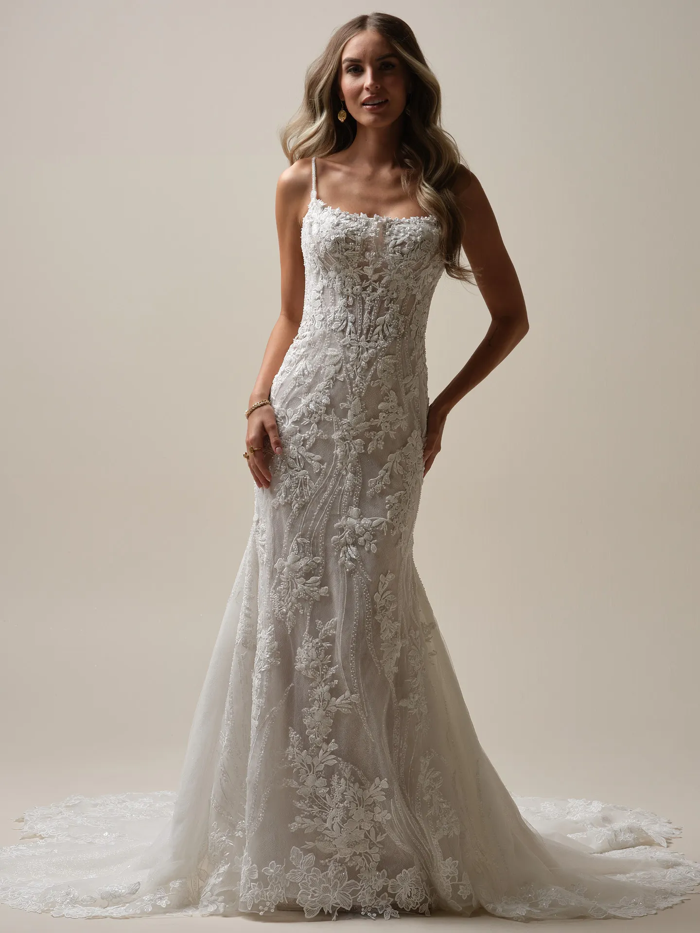 Sottero and Midgley Lina front view mermaid gown with floral lace and square neck