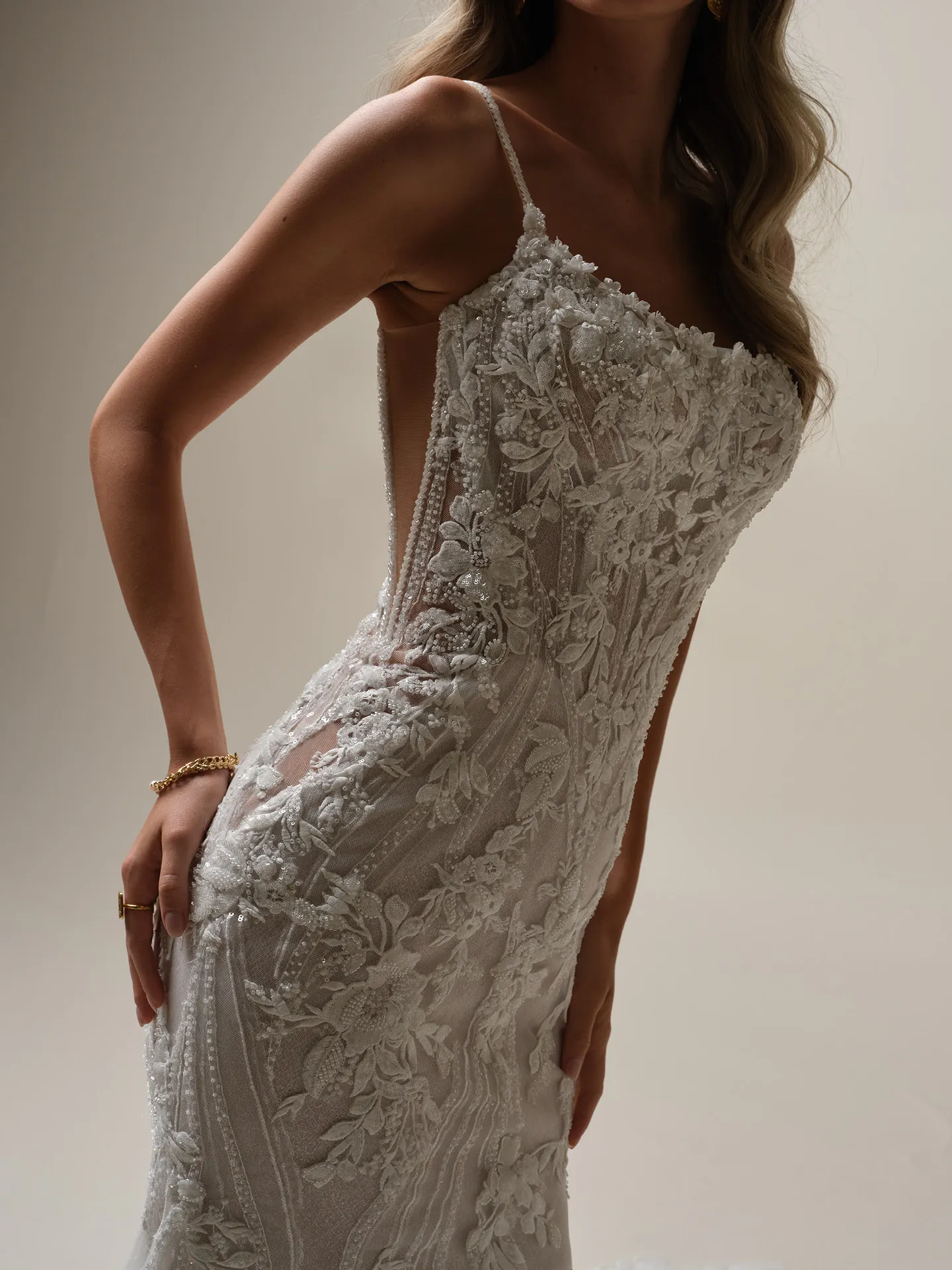 Sottero and Midgley Lina side view, lace mermaid bridal gown with floral details