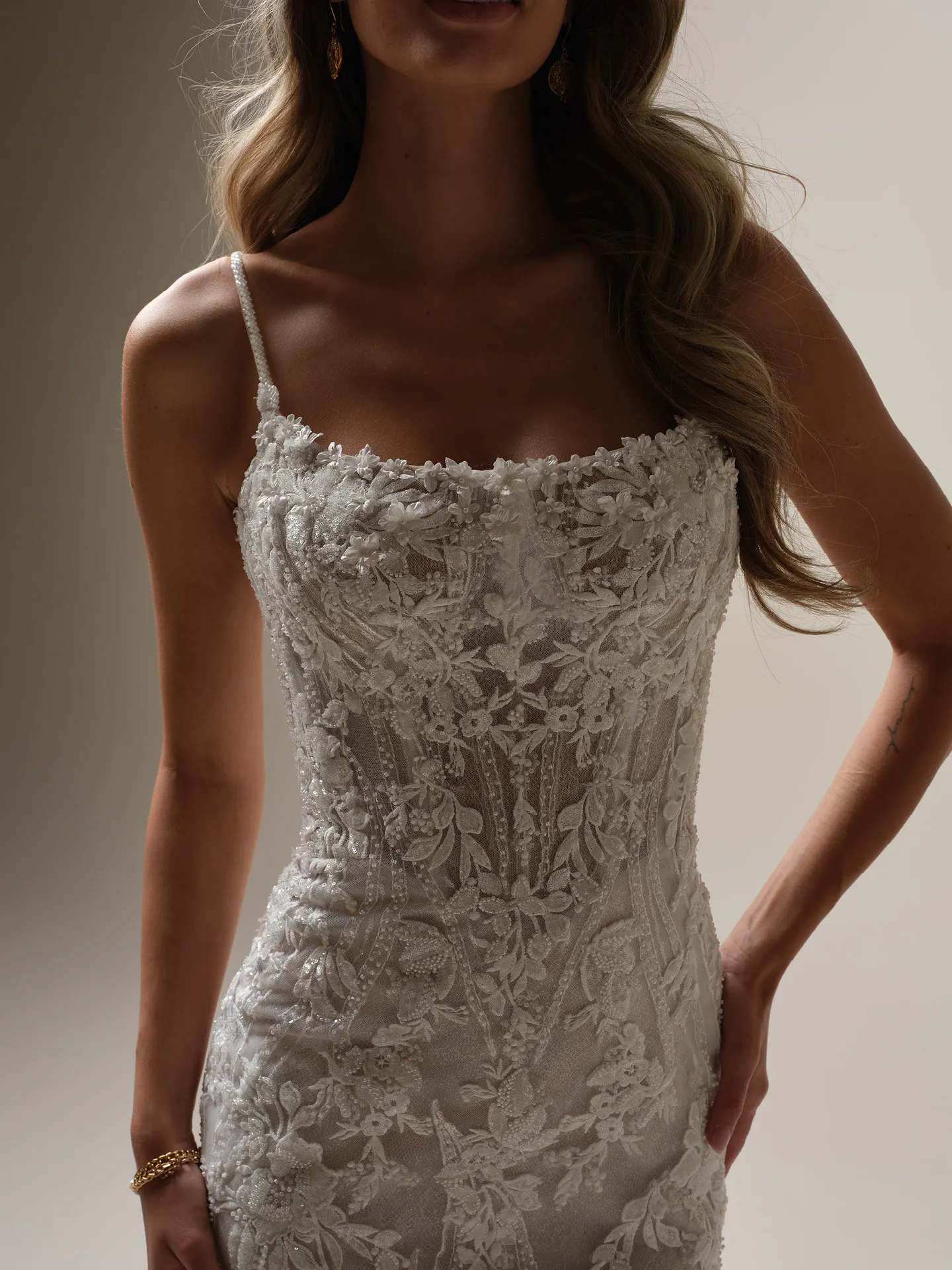 Sottero and Midgley Lina front view mermaid lace gown with floral details