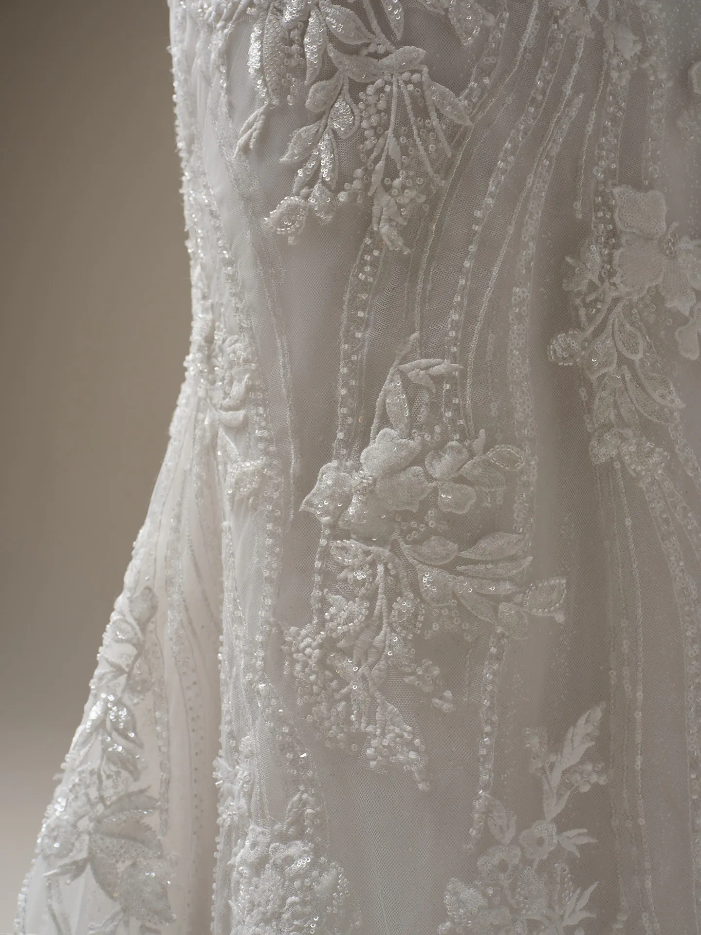 Sottero and Midgley Lina detailed lace with bead embellishments on mermaid gown fabric
