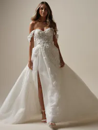 Beaded lace cap-sleeves with glitter tulle and 3-D flowers