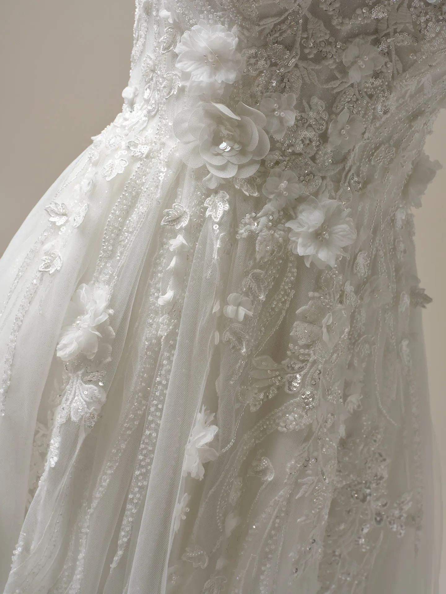 Logan lace-up beaded A-line dress with floral detail, Maggie Sottero