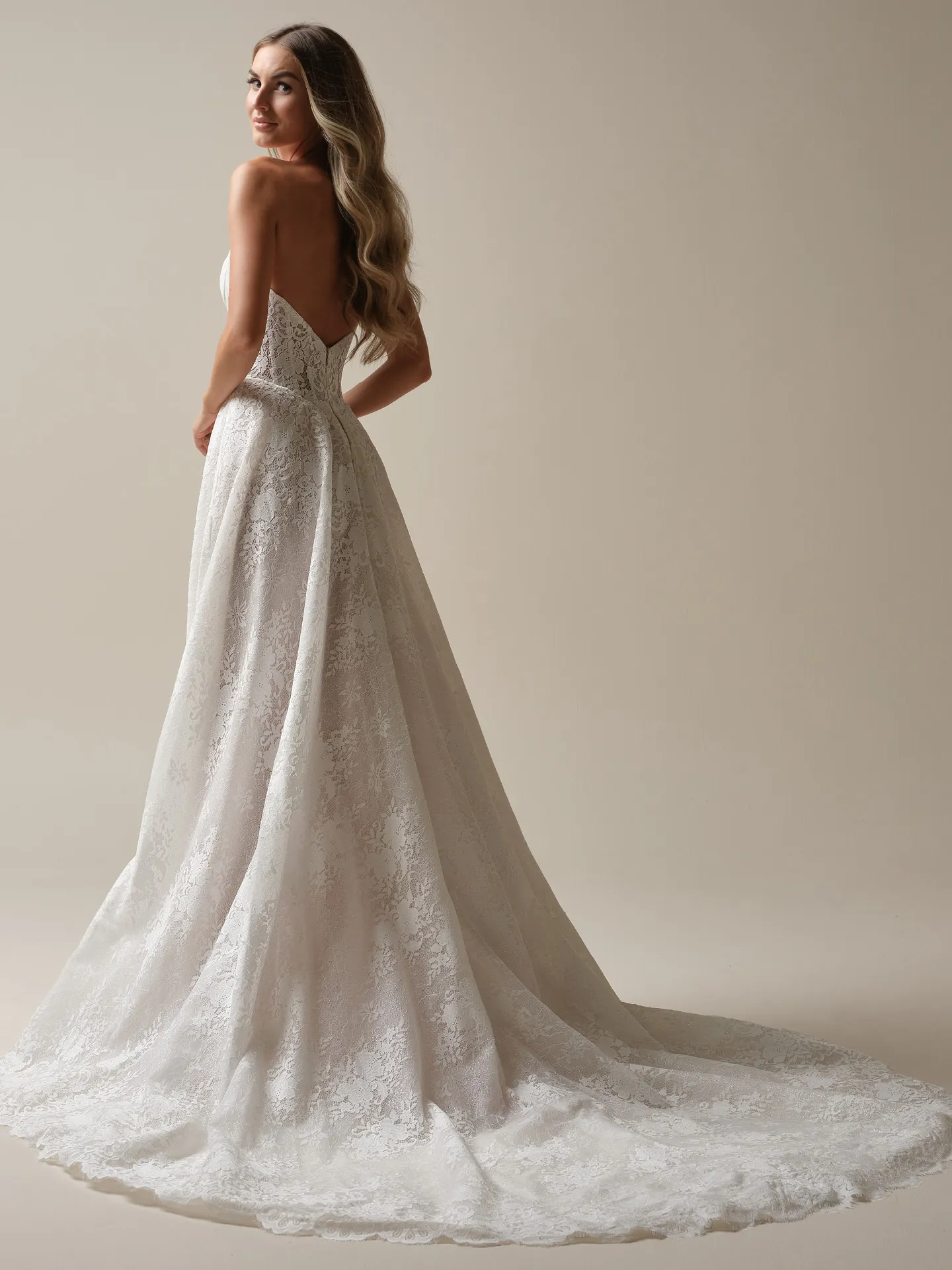 Maggie Sottero Narissa lace A-line bridal gown back view