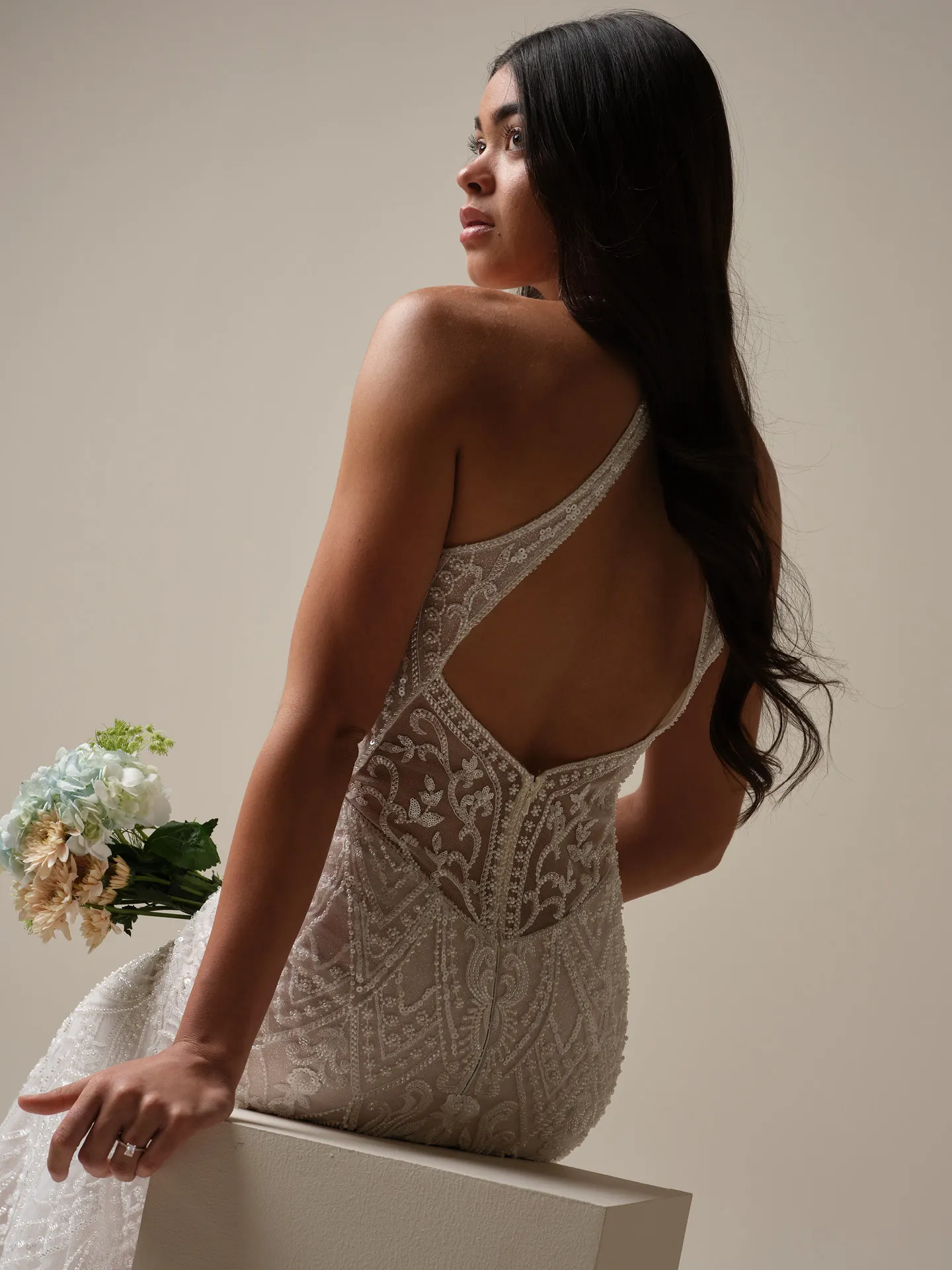 maggie sottero beaded dress Rhett Halter Neck Sheath Wedding Gown | Filling:Chocolate Chip + 10 occasion:Prom Tuckernuck Blue Margot Stand