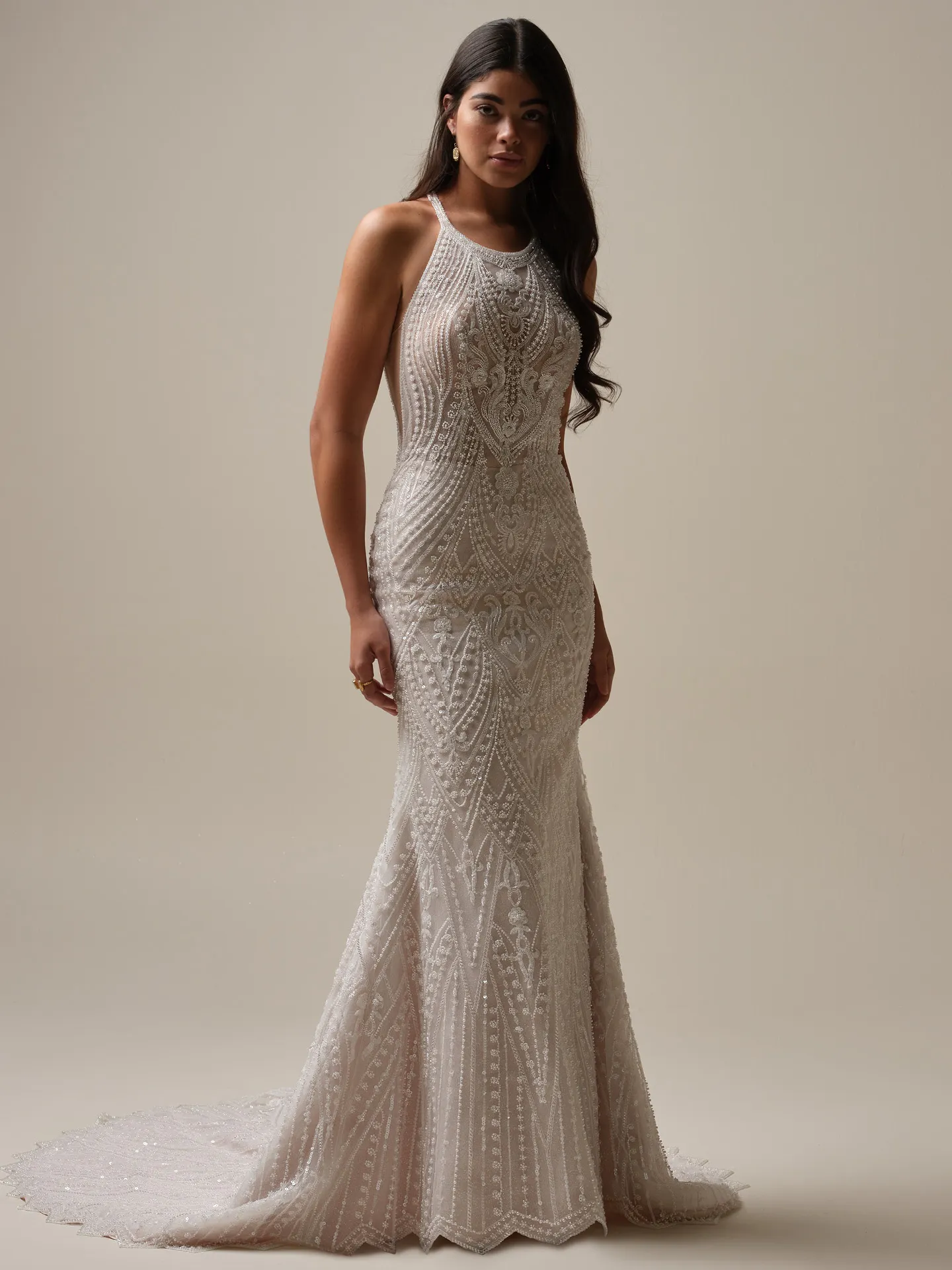 Rhett halter neck beaded sheath gown front view Maggie Sottero