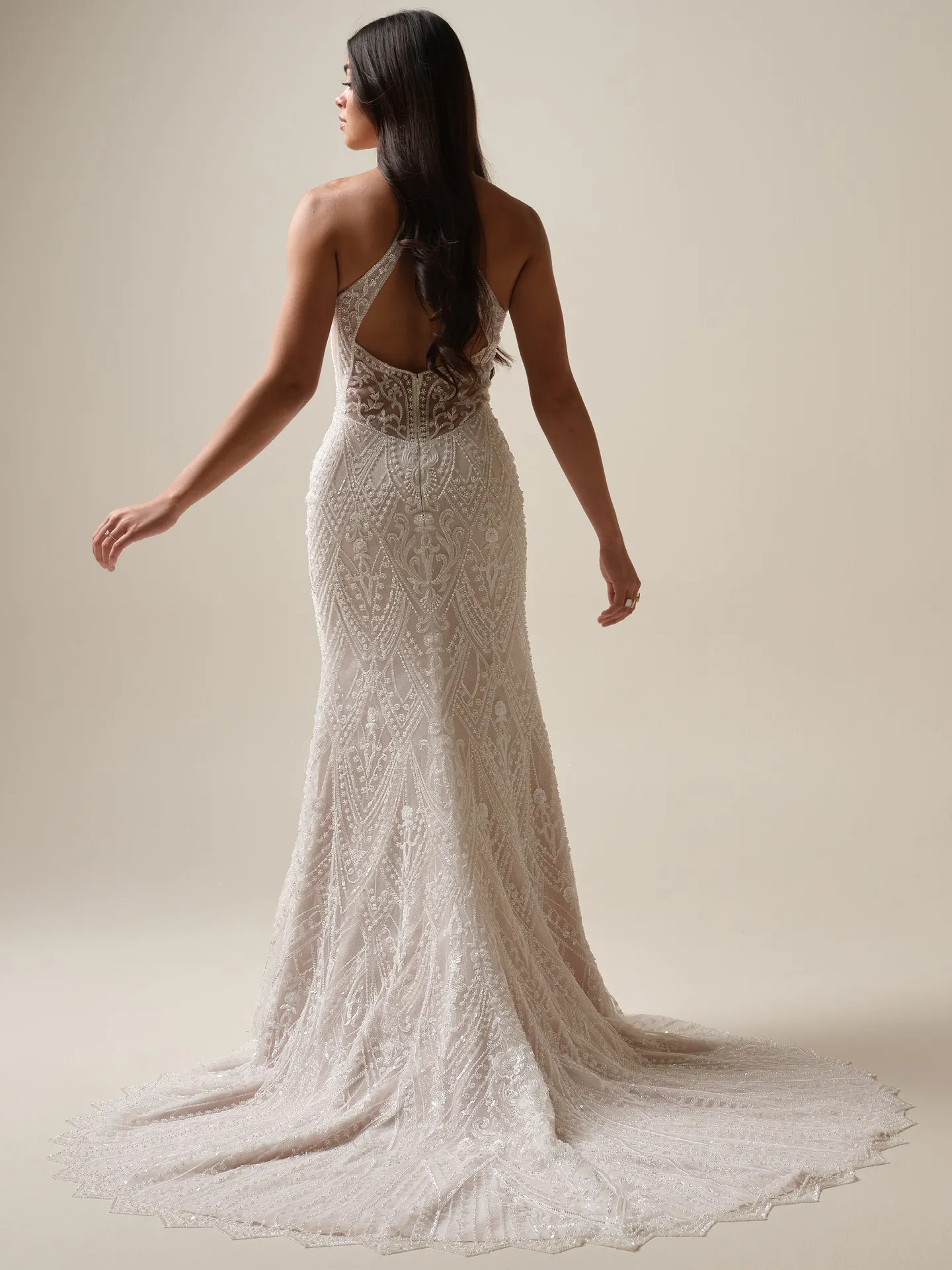 Maggie Sottero Rhett back view beaded sheath gown with halter neck