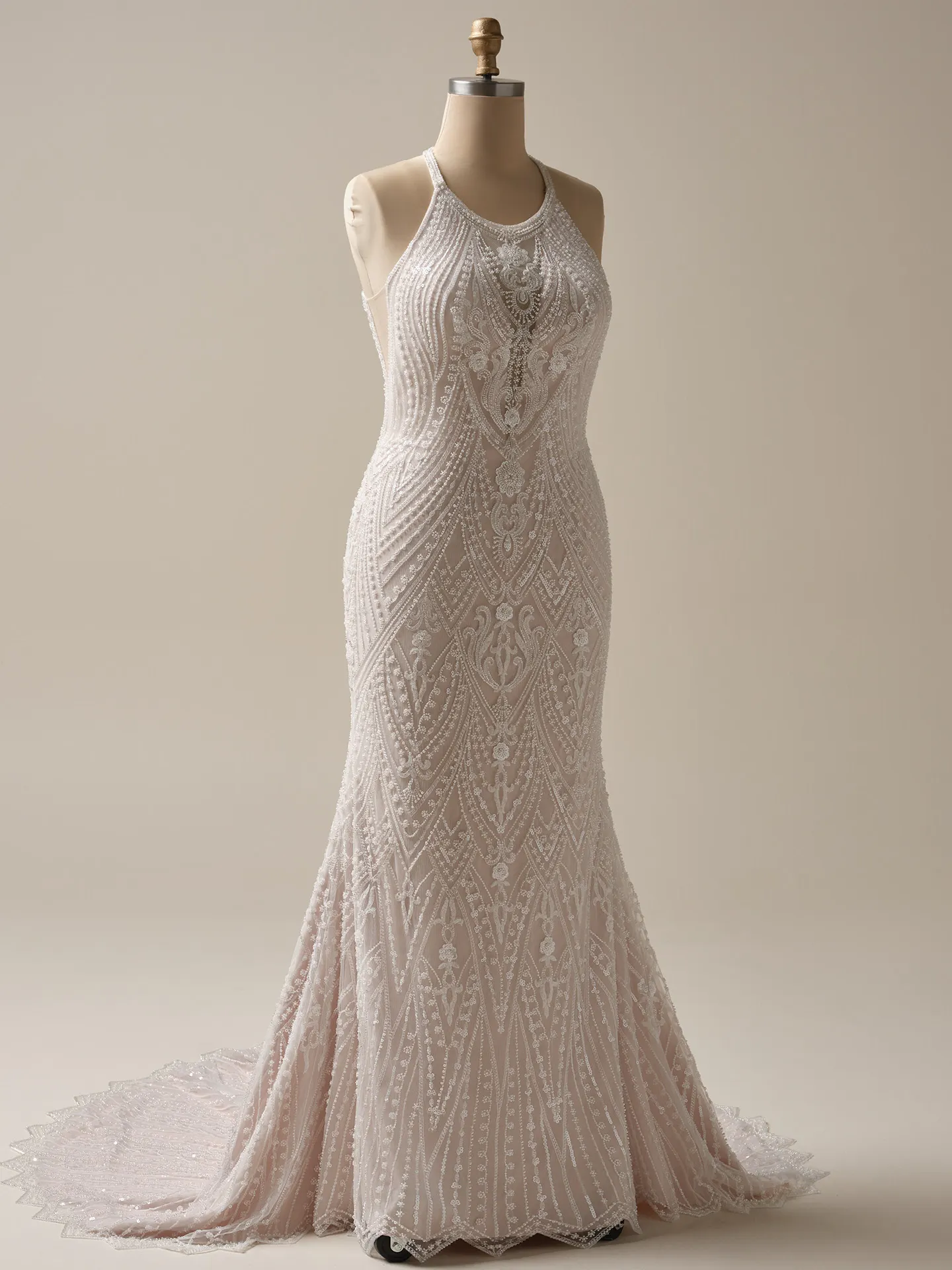 Maggie Sottero Rhett halter neck beaded sheath gown front view