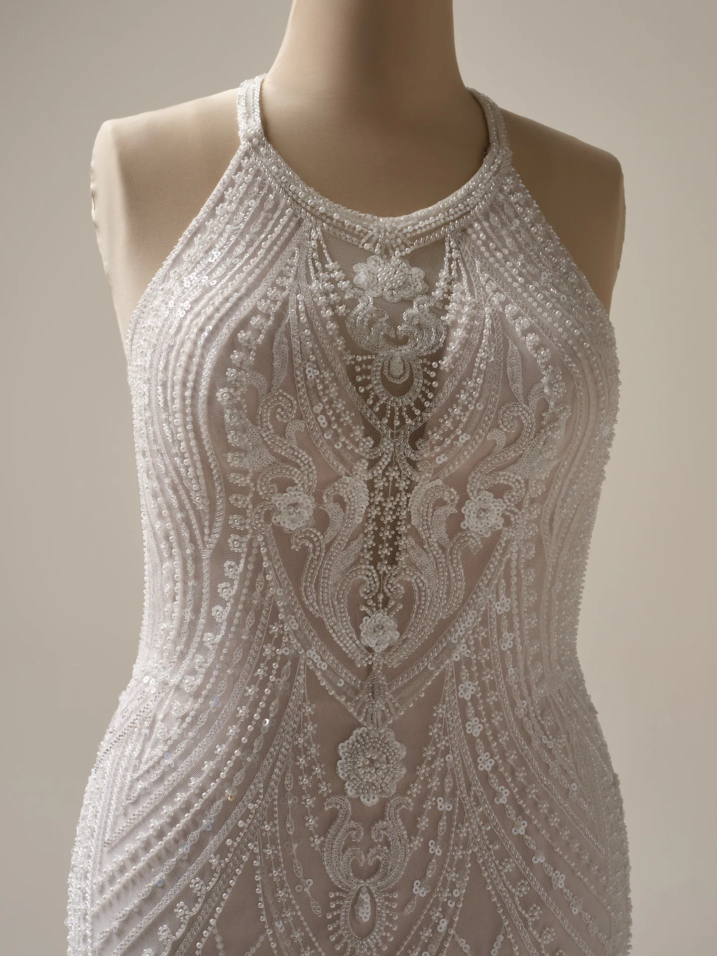 Rhett halter neck beaded sheath gown front view details Maggie Sottero