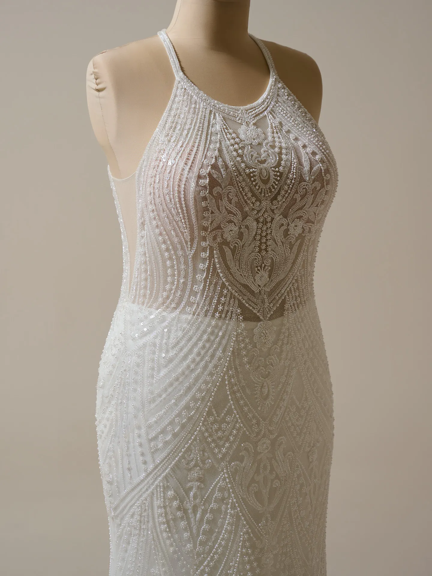 Maggie Sottero Rhett halter neck beaded sheath dress front view