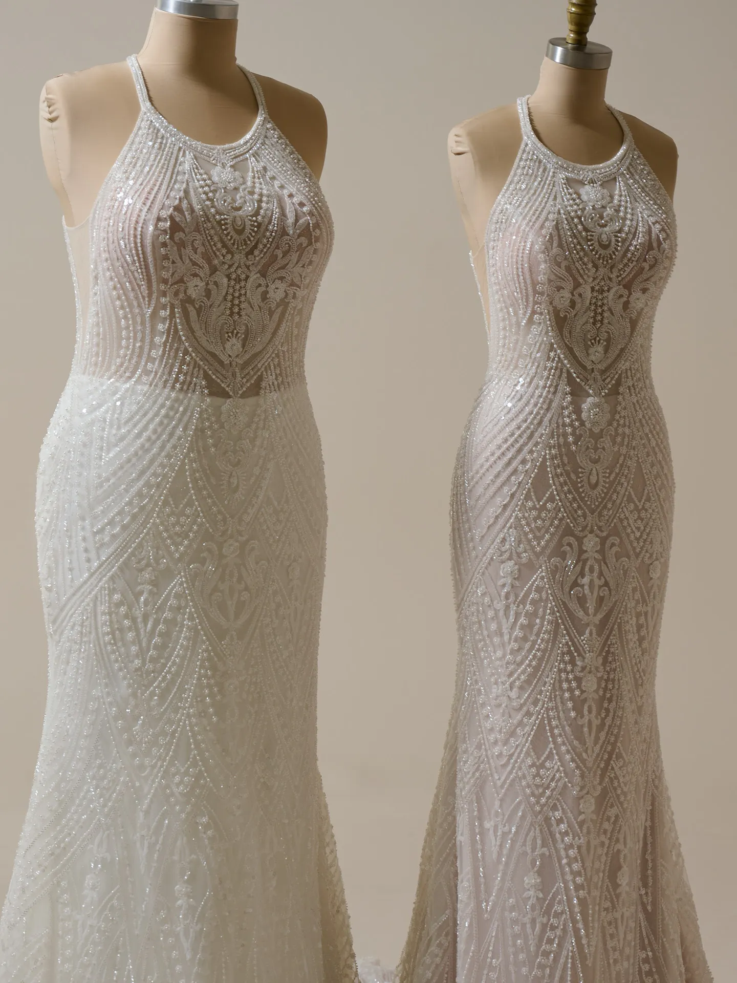 Rhett halter neck beaded sheath gown front view on mannequin