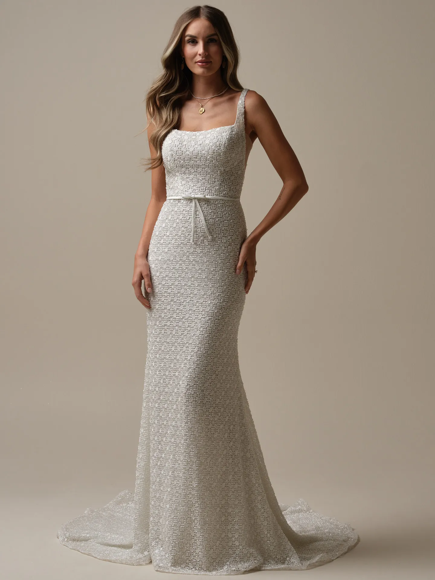 Maggie Sottero glitter sheath bridal gown front view