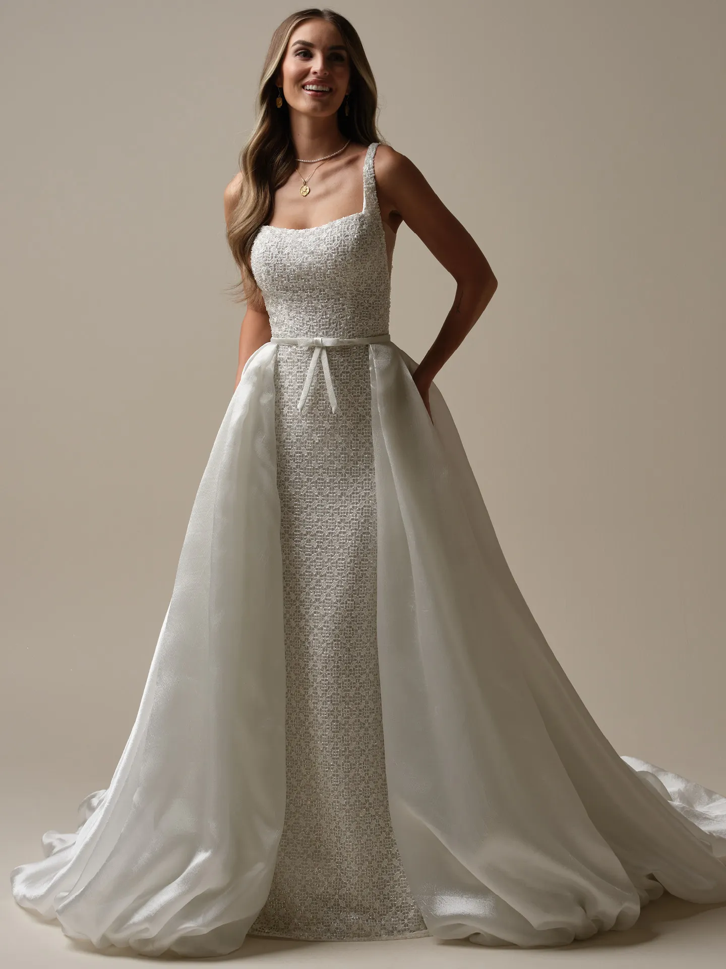 Sottero and Midgley wedding dress with detachable tulle train, front view