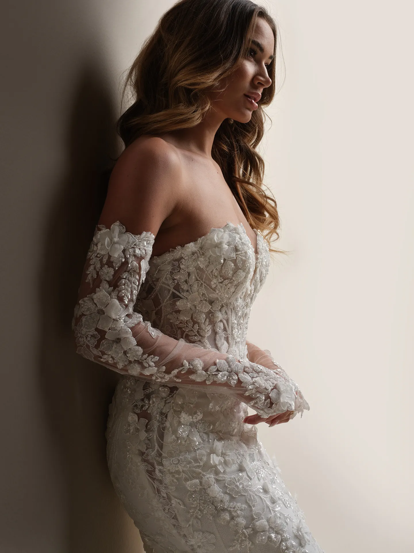 Sottero and Midgley Twilight side view with lace and beaded long sleeves.