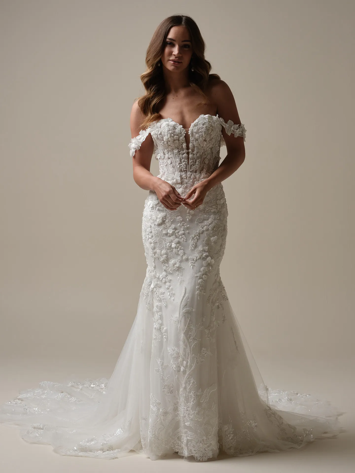 Sottero and Midgley Twilight front view mermaid tulle dress with floral details.