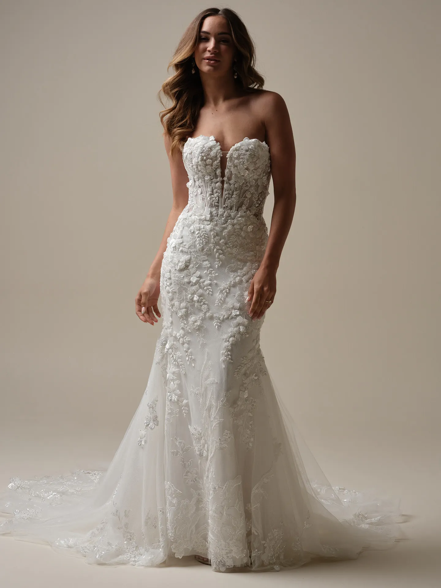 Sottero and Midgley Twilight front view mermaid wedding dress with lace and glitter tulle.
