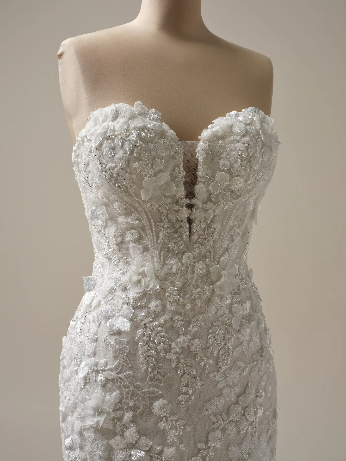 Sottero and Midgley Twilight front view, floral lace and beaded detail on bodice.