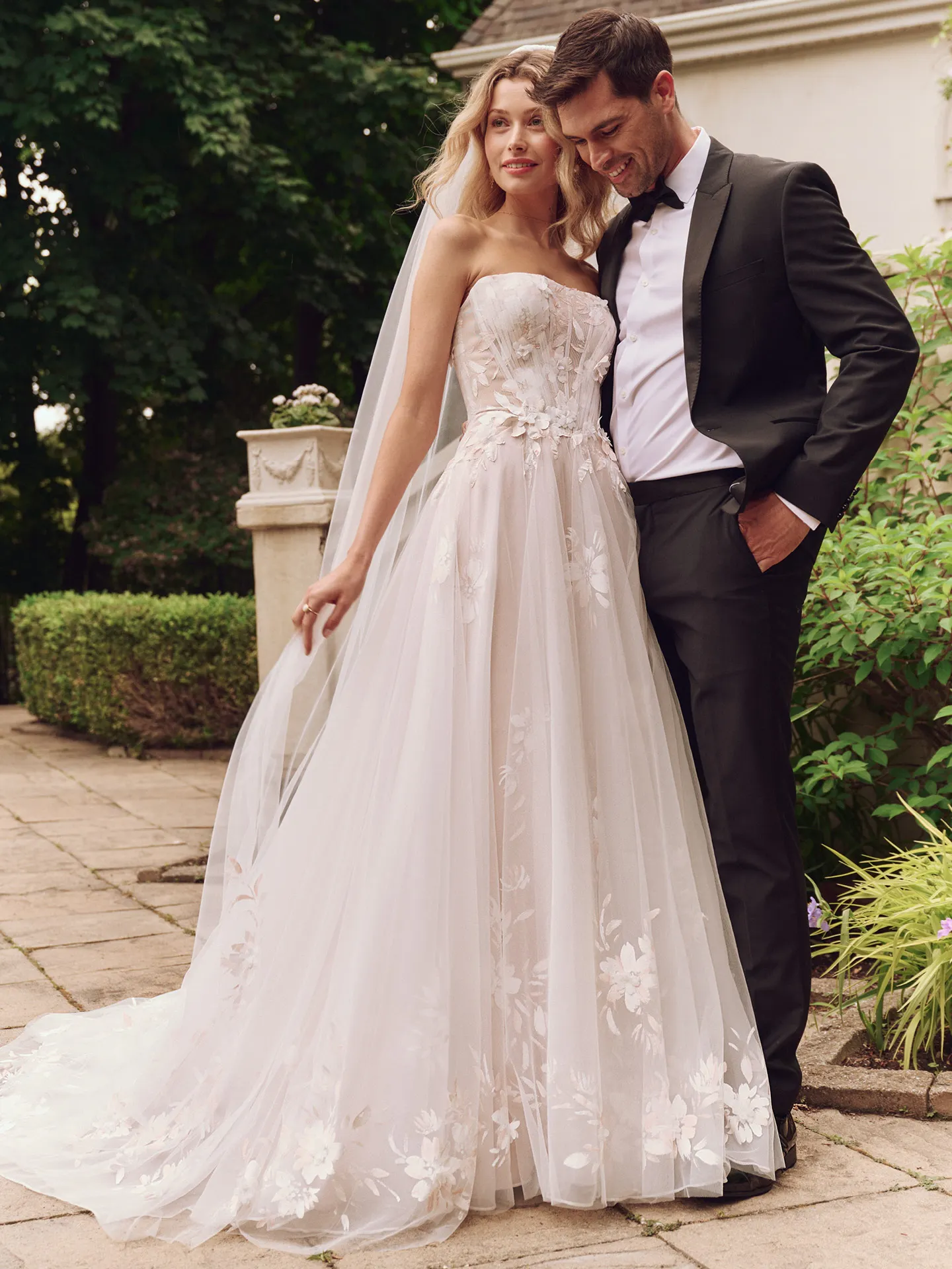 Maggie Sottero A-line bridal gown front view, hand painted floral design