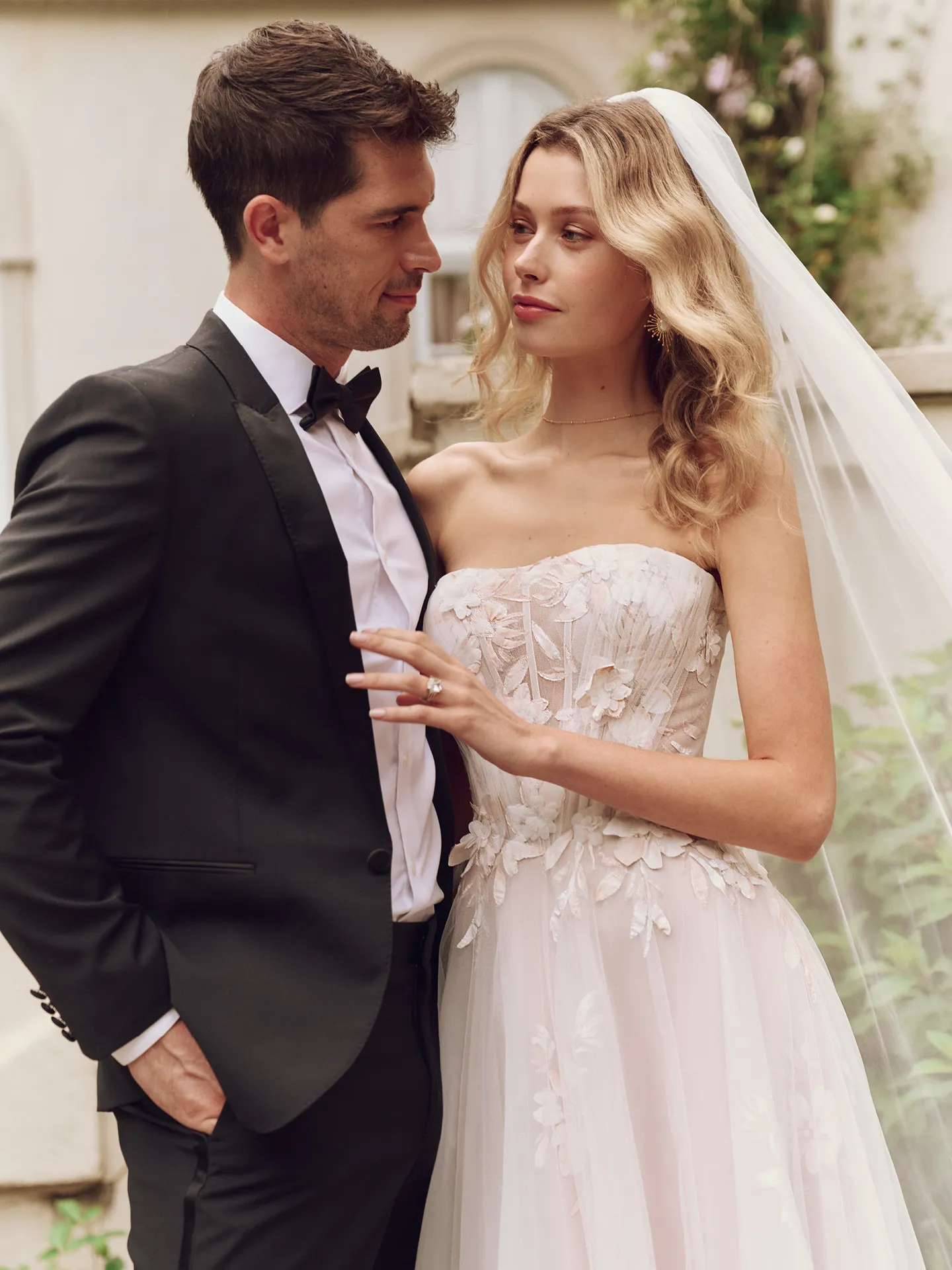 Maggie Sottero A-line floral gown front view with veil.