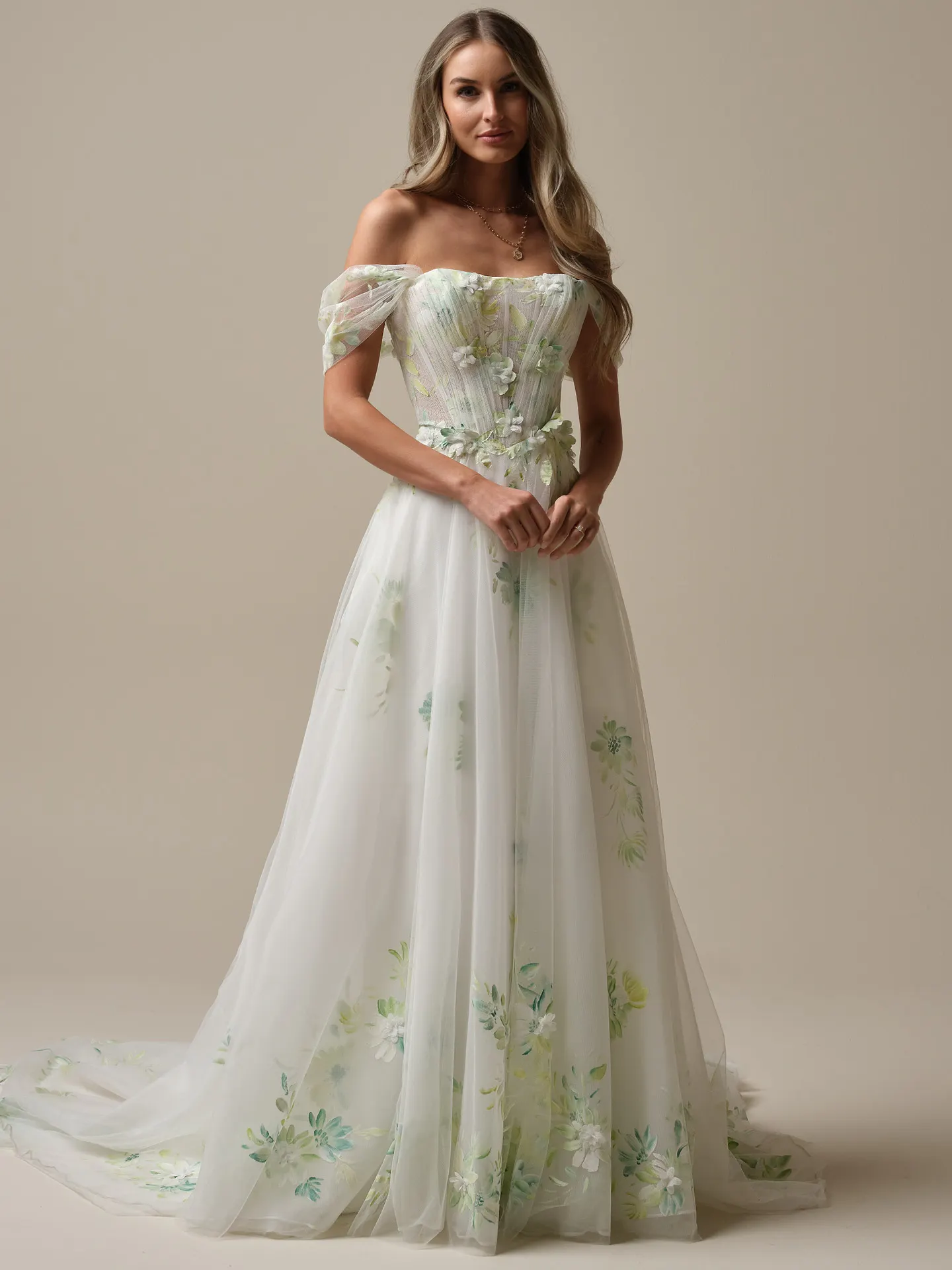 Maggie Sottero Vineyard A-line dress front view with floral details