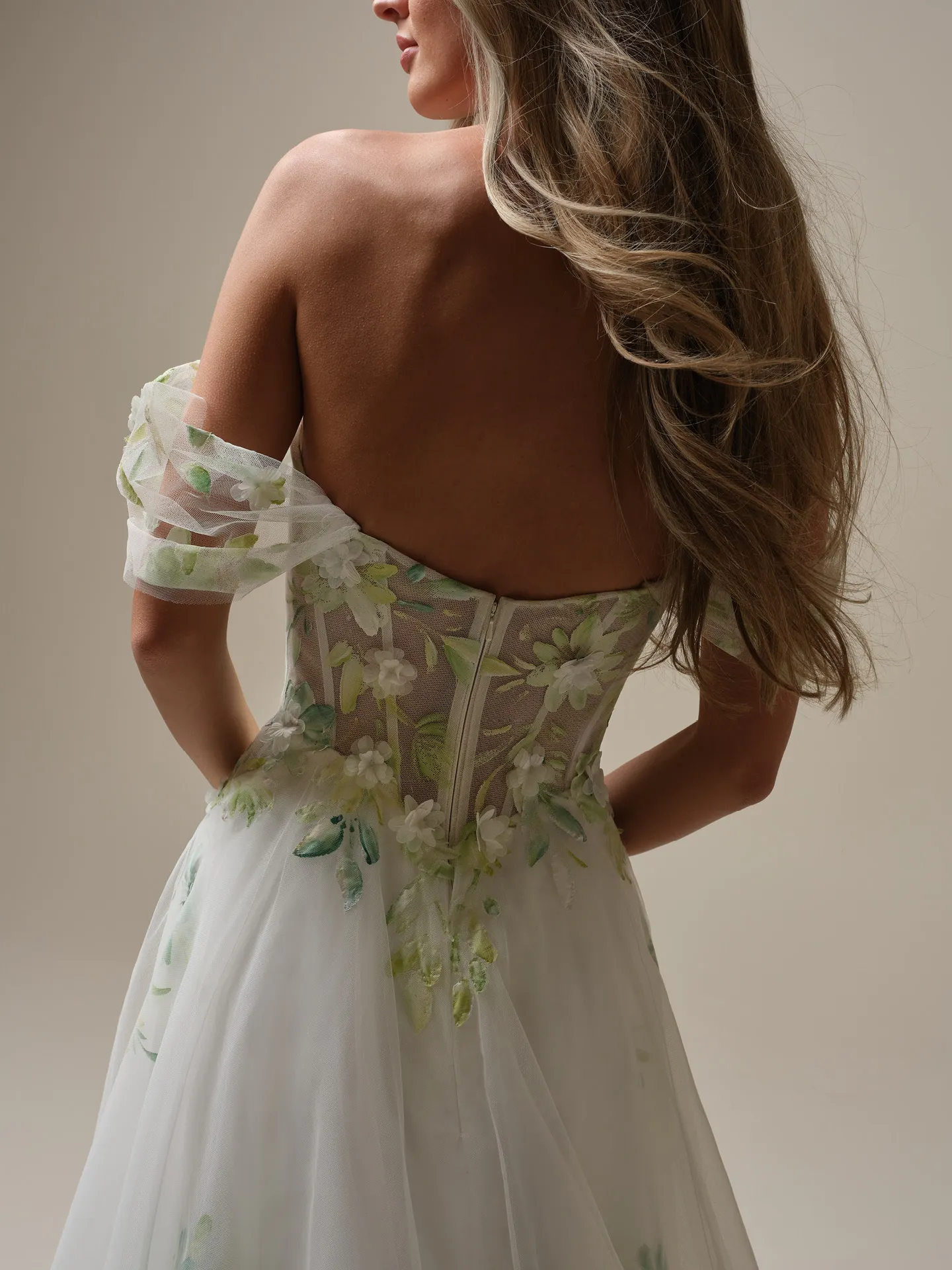 Maggie Sottero Vineyard back view hand painted floral A-line bridal gown
