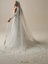 Delicate cathedral length veil with hand painted flowers