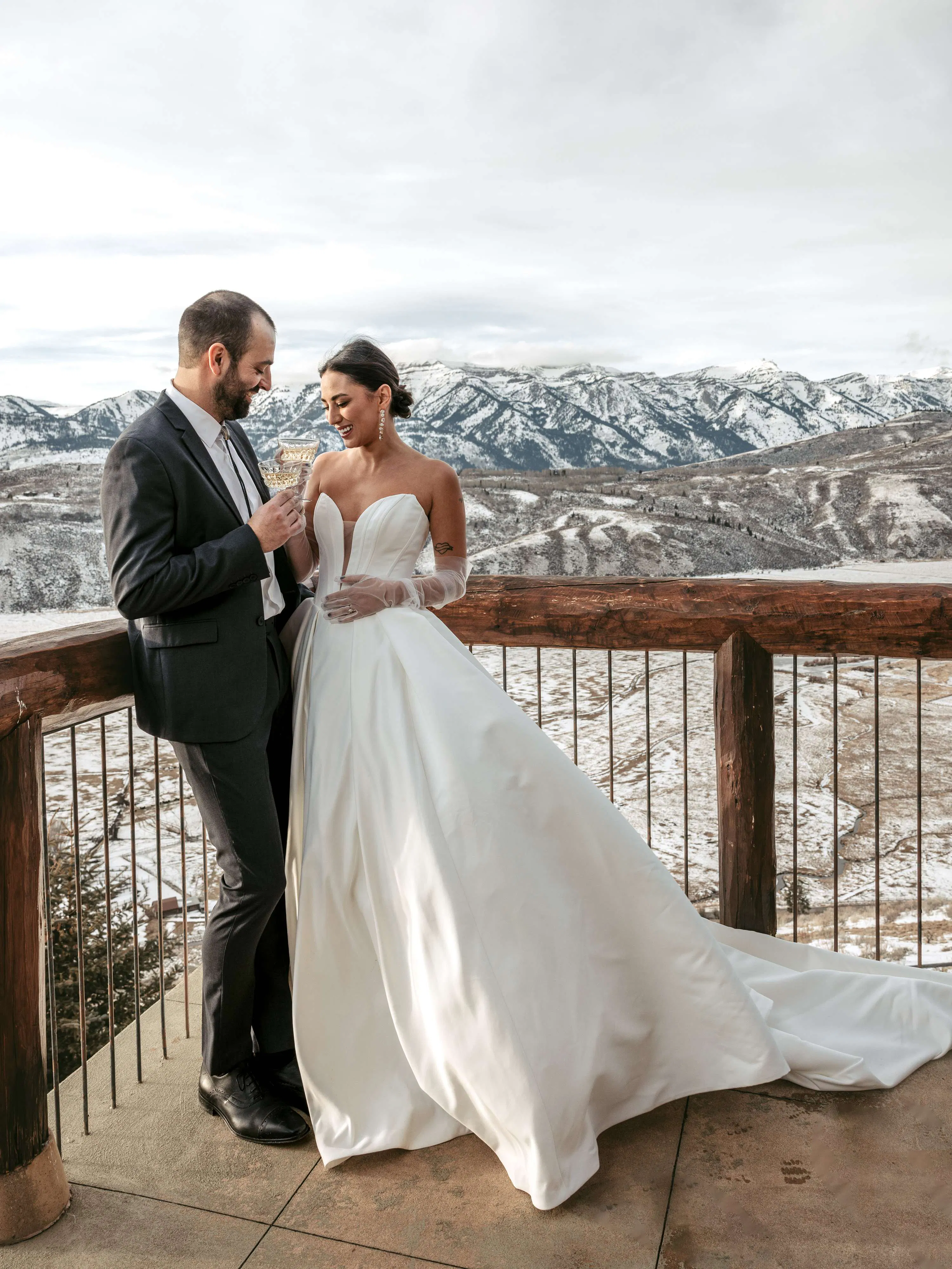 Maggie Sottero Derrick V-Neck bridal gown front view in mountain setting